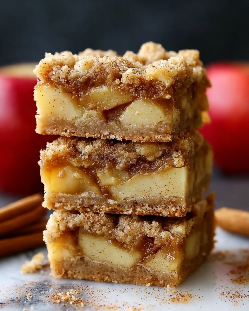 A close-up view of a stack of three square apple cinnamon dessert bars, each bar showing three clear layers: the bottom layer is a crumbly, light brown crust, the middle layer contains soft, chunky slices of pale yellow apple mixed with a gooey, amber-colored cinnamon filling, and the top layer is a crumbly, golden-brown streusel sprinkled with cinnamon specks. The stack rests directly on a white marbled surface with some scattered crumbs and cinnamon powder around, and the background is dark with a blurred red apple and a cinnamon stick visible on the side. photo taken with an iphone --ar 4:5 --v 7
