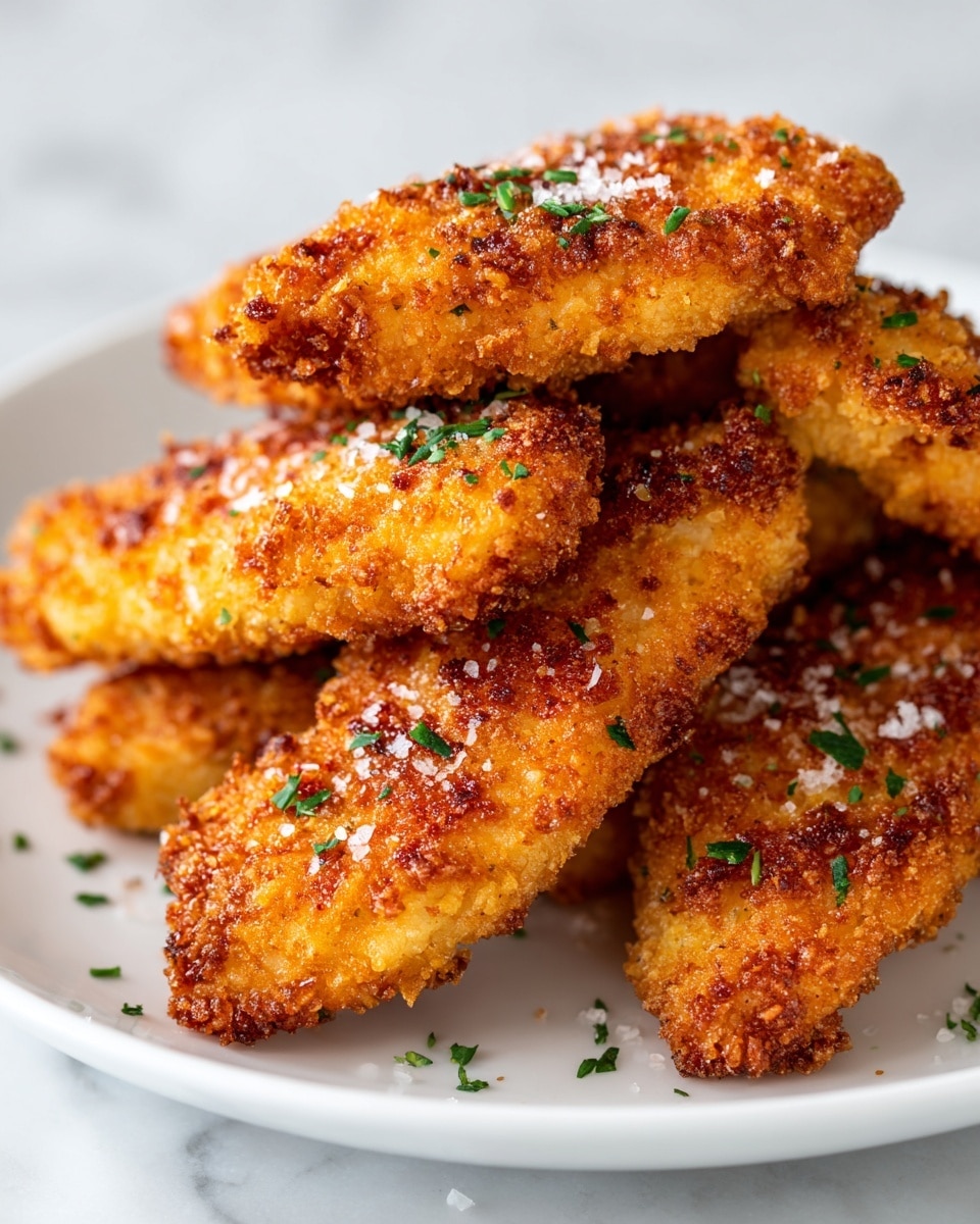 The image shows several pieces of golden-brown breaded chicken tenders stacked closely together on a smooth white plate. Each chicken tender is coated with a crispy, textured crust that is speckled with small darker and lighter brown spots from frying, giving a crunchy look. The tenders are lightly sprinkled with coarse salt and finely chopped green herbs on top and around them, adding a fresh pop of color. The white plate is on a simple white marbled surface, making the warm tones of the chicken stand out. The photo is sharp and focused on the chicken tenders, emphasizing the crispiness and seasoning, with a shallow depth of field softening the background. photo taken with an iphone --ar 4:5 --v 7