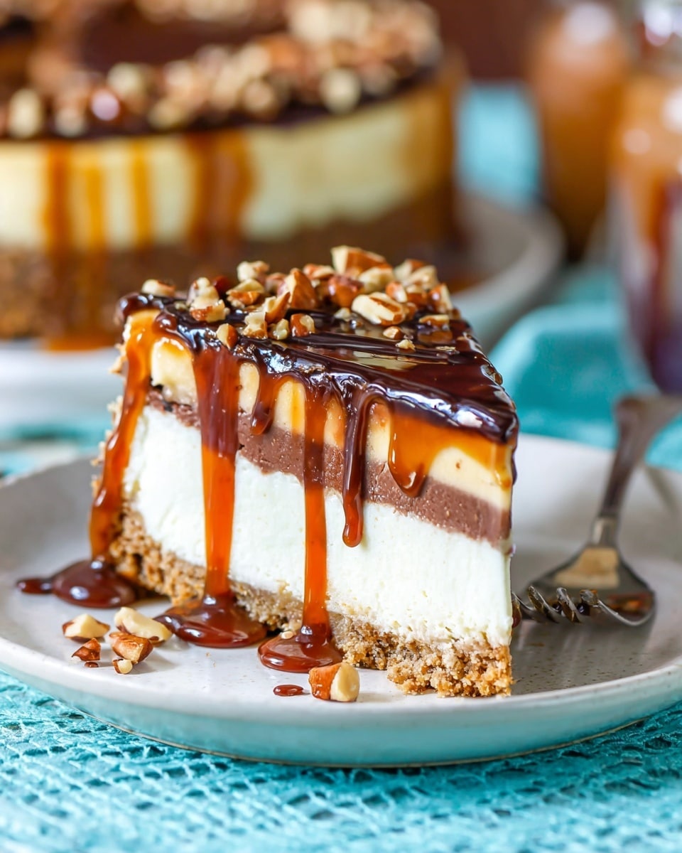 A slice of cheesecake sits on a white plate with a light blue textured surface. The cheesecake has three clear layers: a crumbly light brown cookie crust at the bottom, a thick creamy white middle layer, and a thin dark brown chocolate layer on top of the crust but under the cream. The top is covered with glossy caramel sauce and dark chocolate drizzle that slowly drips down the sides, with small chopped nut pieces scattered over the sauce and plate. The background is blurred with warm colors and other desserts visible, all placed on a white marbled surface. photo taken with an iphone --ar 4:5 --v 7