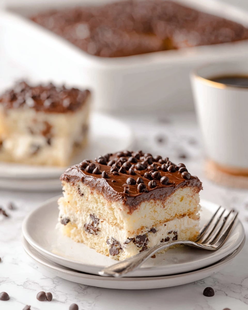 A square piece of light beige cake with visible chocolate chips inside rests on a white plate, topped with a thick, smooth layer of dark chocolate frosting sprinkled with more chocolate chips. The cake has two layers of moist cake separated by a creamy white filling with chocolate chips scattered throughout. A silver fork lies on the plate beside the cake. In the background, another piece of the same cake is visible on a white plate and a white cup with a thin gold rim sits nearby, all placed on a white marbled surface. Photo taken with an iphone --ar 4:5 --v 7