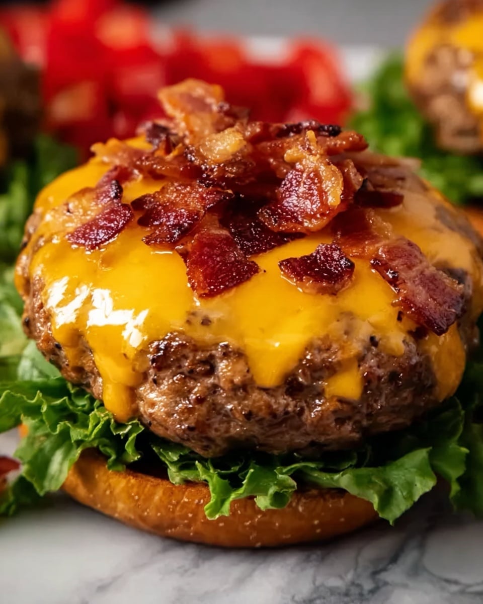 A close-up image of a cheeseburger patty topped with melted golden-orange cheddar cheese and crispy reddish-brown bacon bits. Underneath the patty, there is a layer of fresh green lettuce, and some chopped red tomatoes are visible blurred in the background. The surface beneath the burger has a white marbled texture softly out of focus. The cheese looks smoothly melted, slightly dripping down the sides of the thick, juicy patty with a well-seared brown crust. photo taken with an iphone --ar 4:5 --v 7