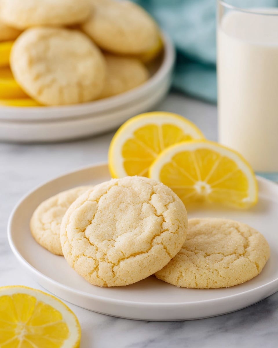 The image shows a white plate with three soft lemon cookies that have a light golden-brown color and a slightly cracked texture. Behind the cookies on the plate are two yellow lemon slices adding a fresh contrast. In the background, there is a larger white plate filled with similar cookies and more lemon slices, along with a glass of milk on the right side. The whole setup is placed on a white marbled surface, creating a clean and fresh look. photo taken with an iphone --ar 4:5 --v 7