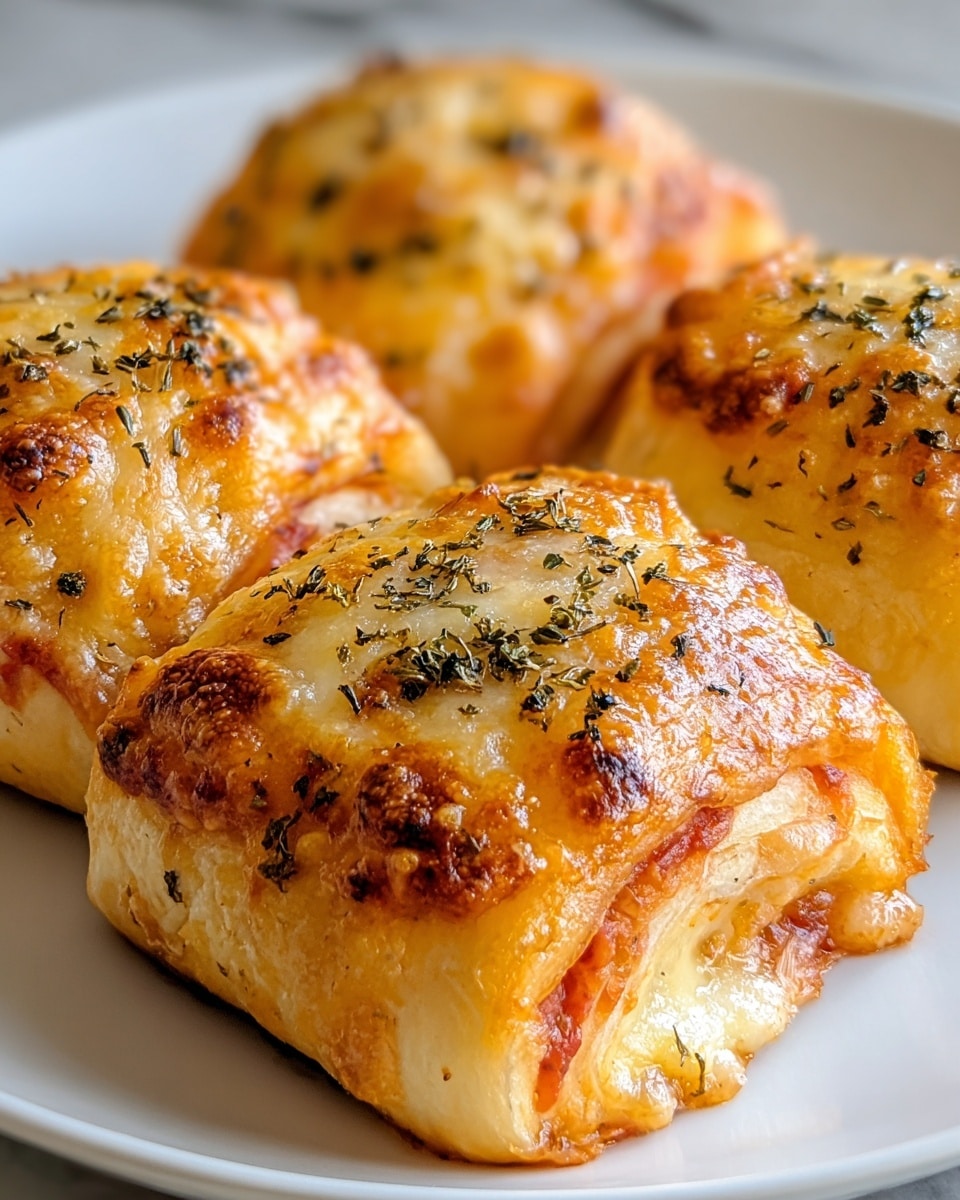 Three golden brown, baked rolls with a melted, bubbly layer of cheese on top sprinkled with dried herbs cover the top surface. The rolls have a soft, light crust with layers of slightly visible tomato sauce and cheese inside. They are placed close together on a white plate, resting on a white marbled surface. The cheese appears crispy in some spots, with a shiny, oily texture on the top layer. photo taken with an iphone --ar 4:5 --v 7