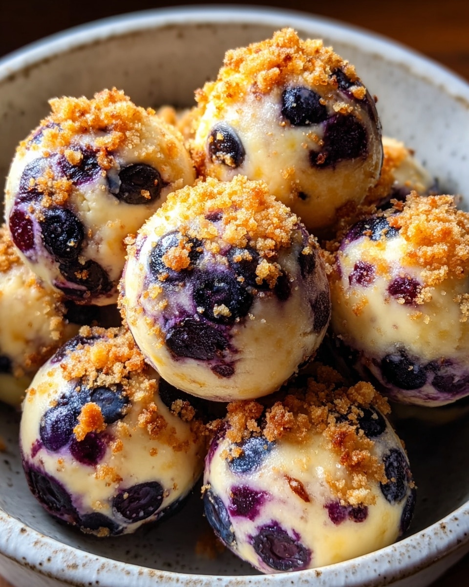 The image shows a bowl filled with round blueberry cheesecake balls, each with two main layers: a creamy, light yellow cheesecake base with visible whole dark purple blueberries embedded inside, and a golden-brown toasted top sprinkled with small crumbly bits of brown sugar or crust. The cheesecake balls are closely packed in a white bowl with a rough texture on the inside. The white marbled background adds a clean contrast to the rich colors of the cheesecake balls. photo taken with an iphone --ar 4:5 --v 7