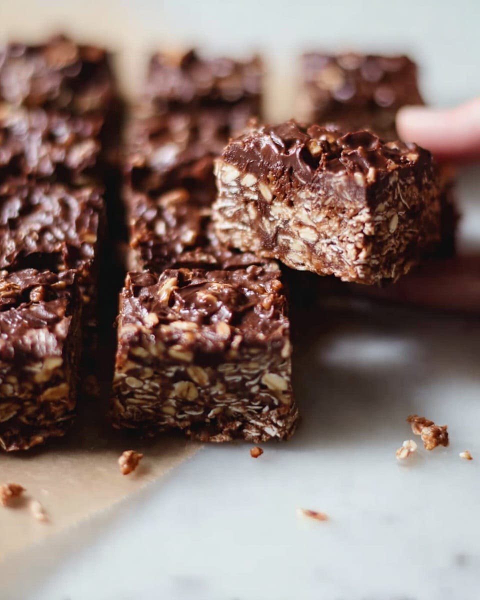 The image shows a close-up of multiple chocolate oat bars cut into squares. Each bar has a thick, rough texture on top with visible oats mixed into the dark brown chocolate. One piece is being held up by a woman's hand on the right side, showing the dense, chewy inside filled with oats and chocolate. The bars rest on a white marbled surface with some crumbs scattered around. photo taken with an iphone --ar 4:5 --v 7