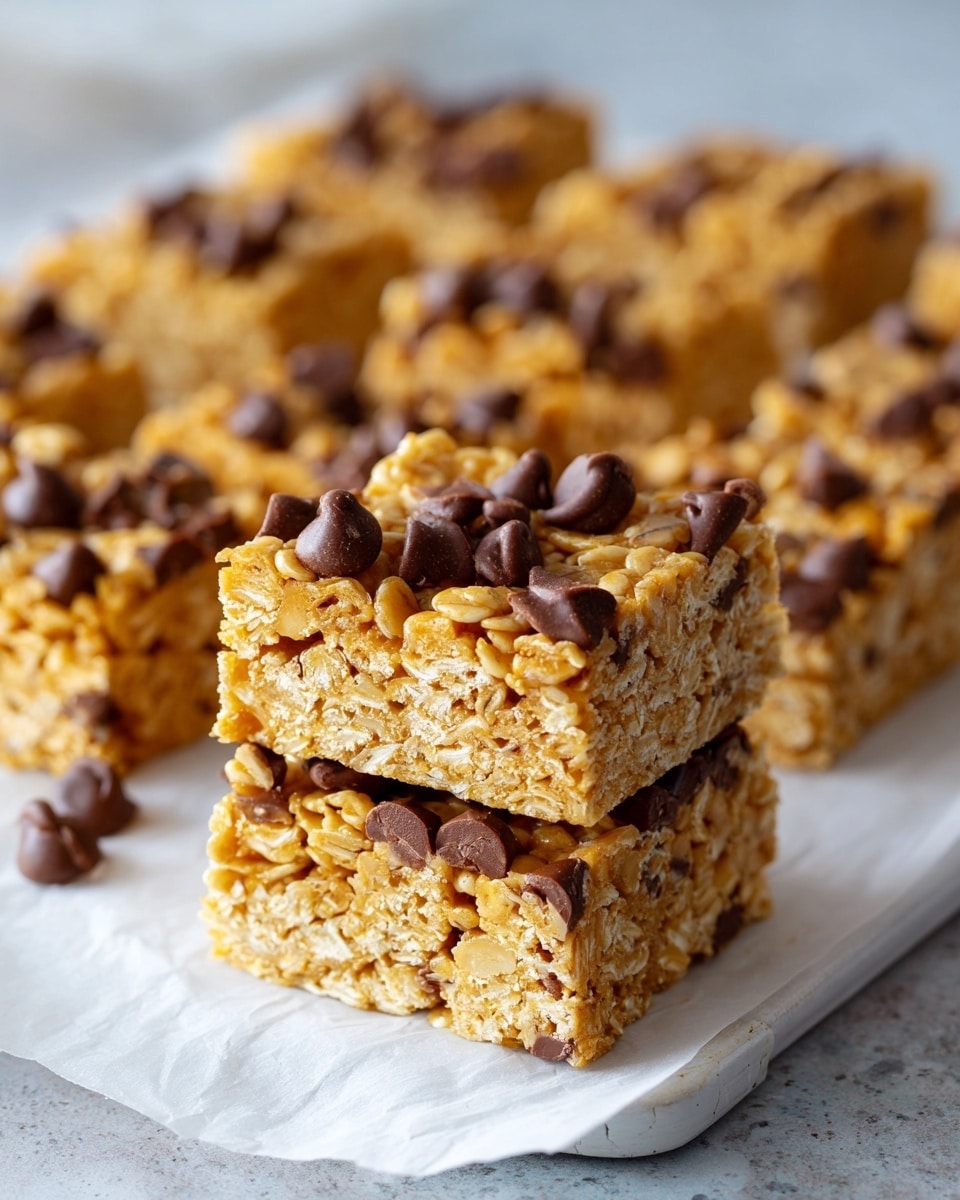 The image shows multiple rectangular oat and chocolate chip bars arranged on a white tray with parchment paper beneath them. Each bar has two visible layers: the top layer is golden brown oats mixed with dark chocolate chips, giving a textured and slightly shiny look; the bottom layer is similar but slightly denser, holding the bars together. The chocolate chips are scattered on top and inside the bars for contrast. The bars are neatly cut into uniform shapes and stacked with two bars in the front in sharp focus, while the rest blur softly in the background. Photo taken with an iphone --ar 4:5 --v 7