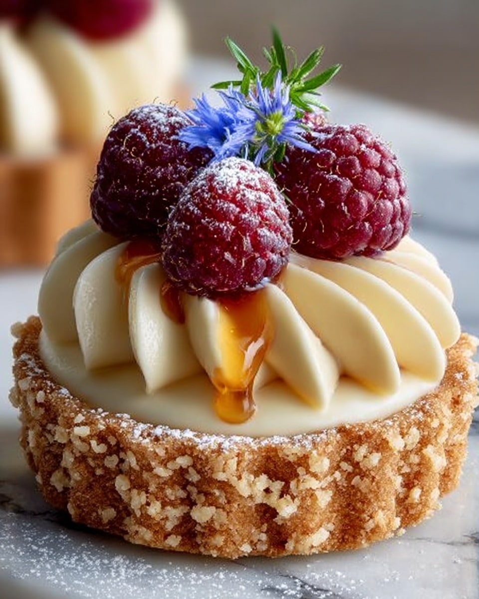 The image shows a small tart with three visible layers, placed on a white marbled surface. The bottom layer is a crumbly, golden-brown crust with a rough texture. Above it, there is a smooth, thick cream layer piped in soft, rounded swirls, light beige in color. The top layer features three fresh raspberries, deep red and textured, sitting on the cream along with a small drizzle of golden syrup. A single blue edible flower and a sprig of green herb decorate the top center. Light white powdered sugar is sprinkled lightly over the dessert and surface. Photo taken with an iphone --ar 4:5 --v 7