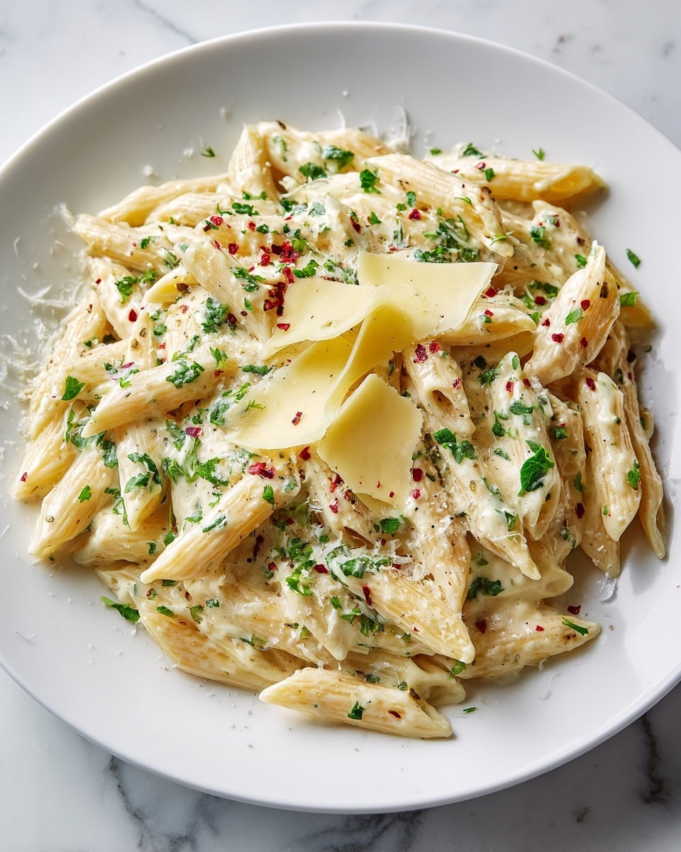 A white plate filled with creamy penne pasta is shown, with about three main layers: the pasta itself is a light golden color, coated in a thick, smooth, off-white cream sauce. On top, there are small green herb bits scattered evenly, and three thin, pale yellow cheese slices placed in the center. The entire dish is sprinkled with fine white grated cheese and some tiny red chili flakes, adding contrast and texture. The plate sits on a white marbled surface, and the overall look is fresh, rich, and inviting. photo taken with an iphone --ar 4:5 --v 7