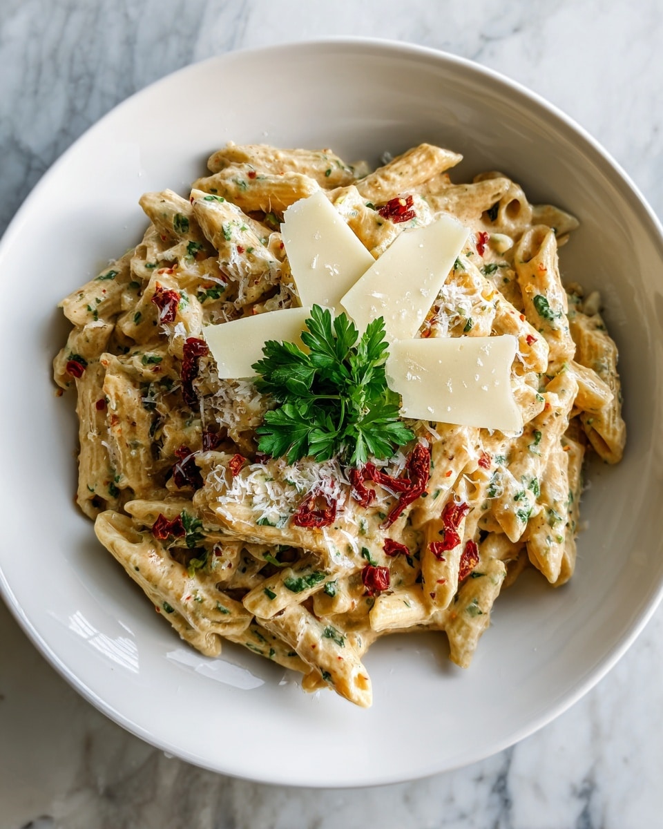A white plate holds a creamy pasta dish with about three layers: the bottom layer is penne pasta coated in a thick, light beige cream sauce; the middle layer has small bits of red chili flakes and finely chopped green herbs spread throughout; the top layer is sprinkled with grated white cheese and topped with three larger slices of pale yellow cheese and a small sprig of fresh green parsley in the center. The plate sits on a white marbled surface, and the lighting is soft and natural. photo taken with an iphone --ar 4:5 --v 7