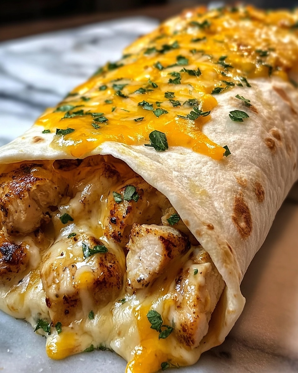 A close-up of a folded white tortilla wrap filled with grilled chicken pieces that are golden-brown and covered in melted yellow-orange cheese sauce. The top of the wrap is topped with melted cheese that has small browned spots and is sprinkled with fresh green herbs. The wrap is resting on a white marbled surface. photo taken with an iphone --ar 4:5 --v 7
