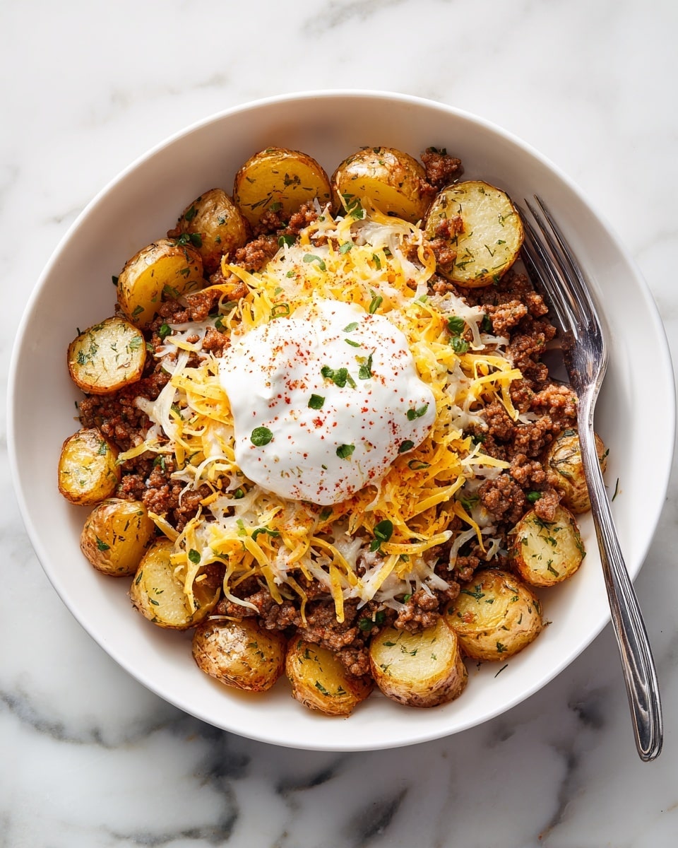 A white bowl filled with a layered dish featuring small golden roasted potatoes forming the outer ring, each potato piece showing a light crispy texture and sprinkled with herbs. Inside this potato ring is a layer of browned ground meat with a loose, crumbly texture. On top of the meat is a mix of melted shredded yellow and white cheese, evenly spread and slightly gooey. In the center sits a dollop of white sour cream, garnished with small green herb leaves and a light dusting of red spice powder. A silver fork rests on the right edge of the bowl, and the bowl is placed on a white marbled surface. photo taken with an iphone --ar 4:5 --v 7