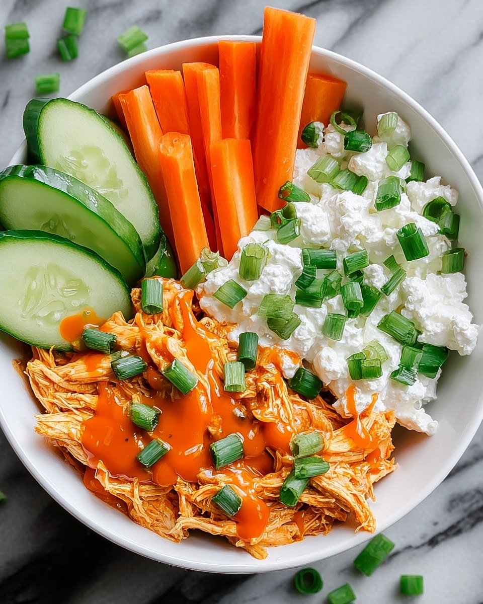A white bowl contains four main layers arranged side by side: bright orange shredded cooked chicken dressed in an orange sauce at the bottom right, fresh white cottage cheese topped with green chopped scallions in the center right, thin orange carrot sticks stacked vertically on the left, and thick green cucumber slices lined up at the top left. The chicken and cottage cheese are drizzled with the same orange sauce and sprinkled with more scallions. The bowl sits on a white marbled surface with some scallions scattered around. photo taken with an iphone --ar 4:5 --v 7