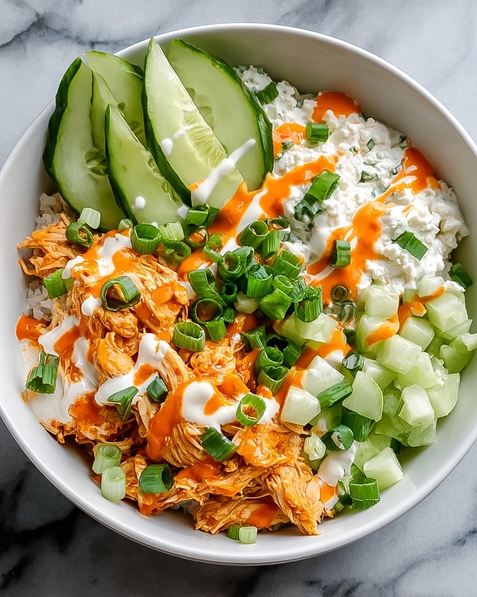 A white bowl filled with three main layers arranged side by side: shredded orange chicken on the right, creamy white cottage cheese in the middle, and chopped light green cucumber pieces on the left. On top of the chicken, there are thin slices of fresh cucumber arranged like a fan. The dish is drizzled with two sauces, a smooth white sauce and a bright orange sauce, both flowing diagonally across the chicken. Finally, chopped green onions are scattered over the sauces and chicken, adding a fresh green touch. The bowl sits on a white marbled textured surface. photo taken with an iphone --ar 4:5 --v 7