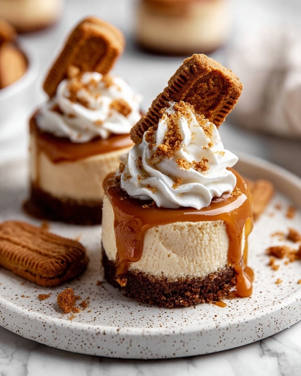 Two small mini cheesecakes sit on a white speckled plate, placed on a white marbled surface. Each cheesecake has three layers: a bottom layer of dark brown crumbly crust, a thick middle layer of creamy beige cheesecake, and a smooth caramel layer dripping slightly down the sides. On top of each caramel layer is a swirl of white whipped cream sprinkled with crumbled cookie pieces. One cheesecake is garnished with a whole rectangular brown cookie inserted at an angle behind the whipped cream. Scattered cookie crumbs are on the plate and around it. Photo taken with an iphone --ar 4:5 --v 7