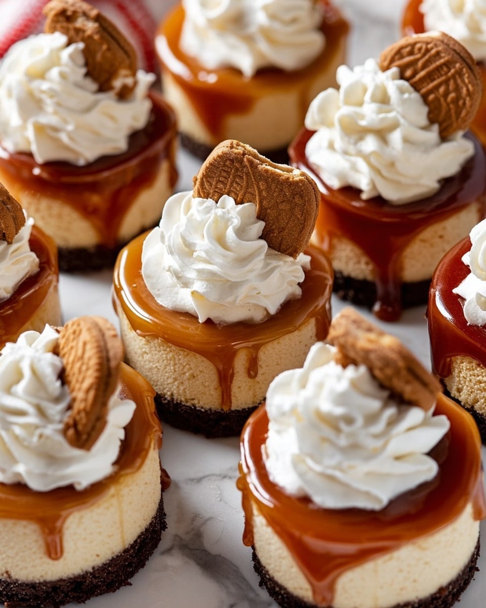 The image shows small round cheesecakes with three layers: a dark brown crumbly base, a light beige creamy middle layer, and a shiny caramel-colored top layer that drips slightly down the sides. Some cheesecakes have a swirl of white whipped cream on top with a single brown cookie piece stuck into the cream, while others only have the caramel topping with no cream. The cheesecakes are placed closely together on a white marbled surface. The arrangement highlights the glossy texture of the caramel and the soft fluffy look of the whipped cream. Photo taken with an iphone --ar 4:5 --v 7