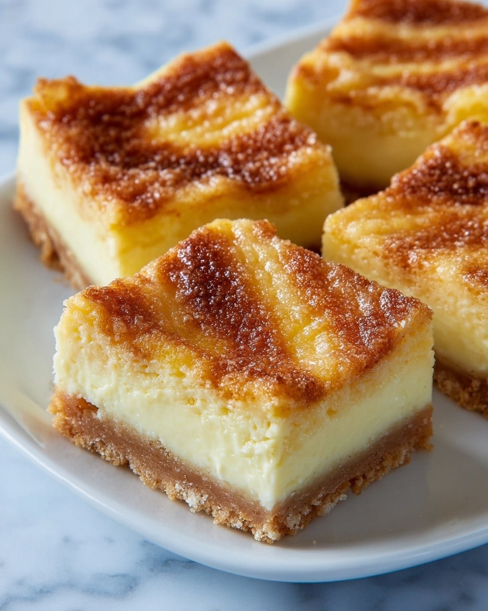 The image shows four square pieces of a creamy dessert with three distinct layers arranged on a white plate. The bottom layer is a crumbly, light brown crust with a rough texture. The middle layer is thick, smooth, and pale yellow, appearing like a soft custard or cheesecake filling. The top layer is a light golden brown with a slightly caramelized surface and a few textured ridges, giving a baked look. The dessert pieces are close together on a clean white plate placed on a white marbled surface. photo taken with an iphone --ar 4:5 --v 7