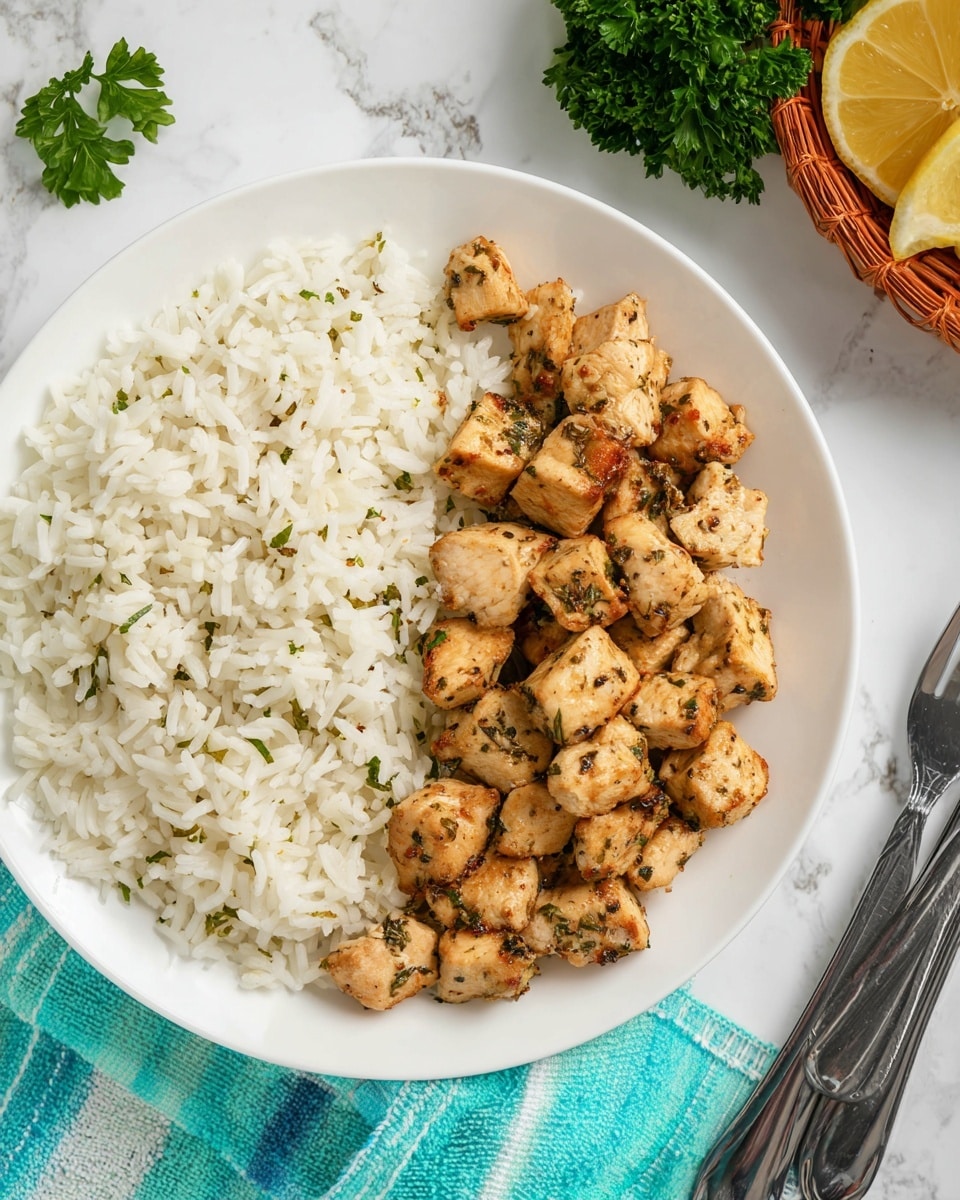 This image shows a white plate with two layers of food. On the left side, there is a serving of white rice with some green herb pieces mixed in. On the right side, there are small, browned chicken cubes that appear cooked with herbs and spices, giving them a slightly speckled green and brown look. The chicken pieces have a soft texture with some light charring on a few edges. The plate sits on a white marbled surface, with some green parsley and a slice of lemon visible in a woven basket at the top right corner. At the bottom right, a stack of metal forks rests on the surface, and a turquoise and white striped cloth is partially visible at the bottom left corner. photo taken with an iphone --ar 4:5 --v 7