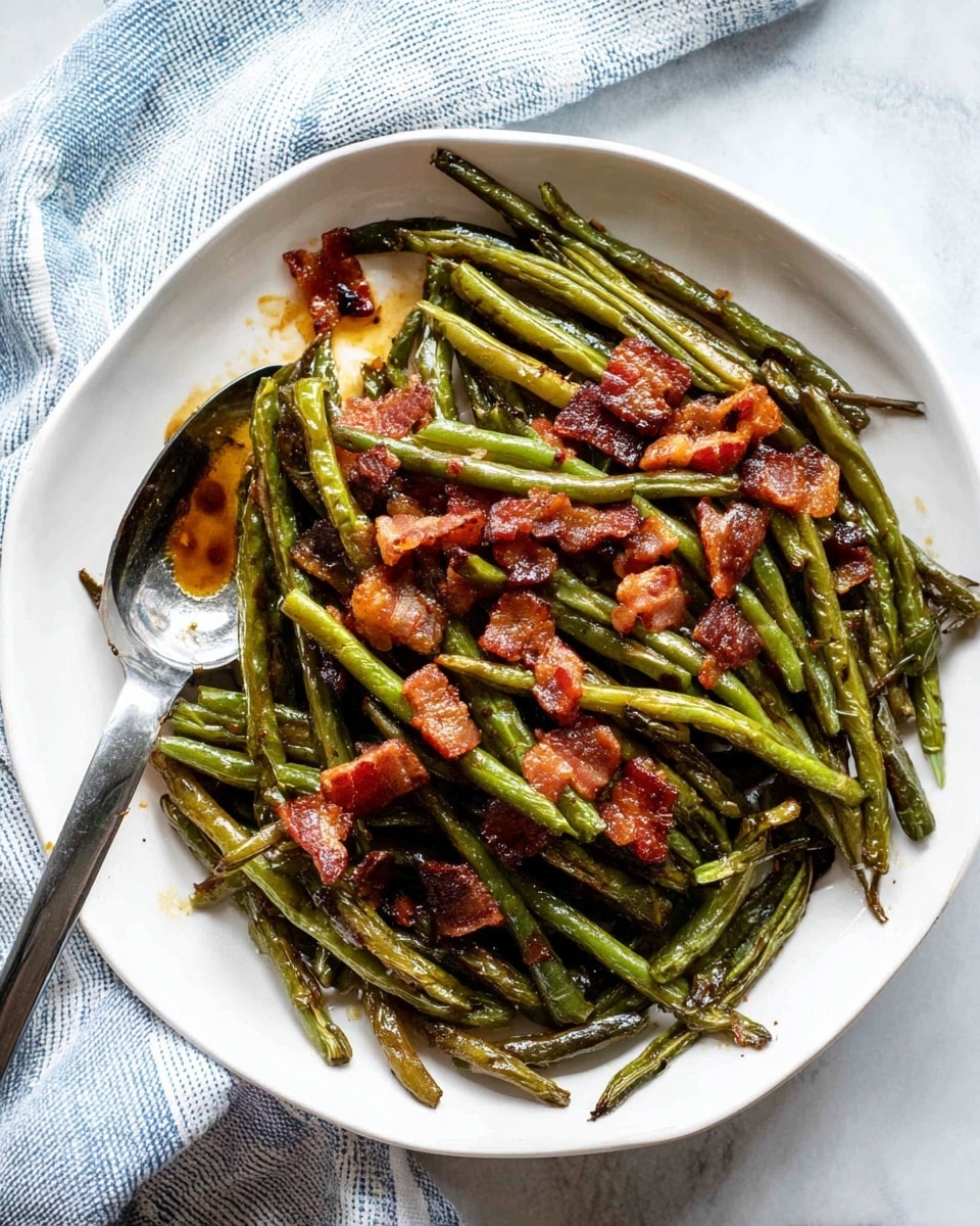 A white round plate holds a dish with two layers. The bottom layer is made of roasted green beans, long and slightly wrinkled with browned spots, arranged loosely and spread to cover the plate. The top layer consists of small pieces of crispy bacon, dark reddish-brown with a shiny texture scattered unevenly over the beans. A silver spoon rests inside the plate on the left side, and the plate is placed on a white marbled surface with a light blue and white striped cloth partly under it. Photo taken with an iphone --ar 4:5 --v 7