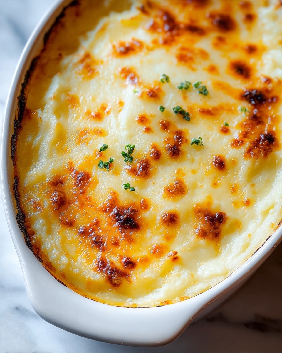A close-up view of a baked dish in a white ceramic oval baking dish, showing one thick layer of creamy mashed potatoes topped with a golden-brown, slightly crispy melted cheese crust with small browned spots and a few tiny green herb bits scattered on top, the edges of the dish lightly browned from baking, set on a white marbled surface. photo taken with an iphone --ar 4:5 --v 7