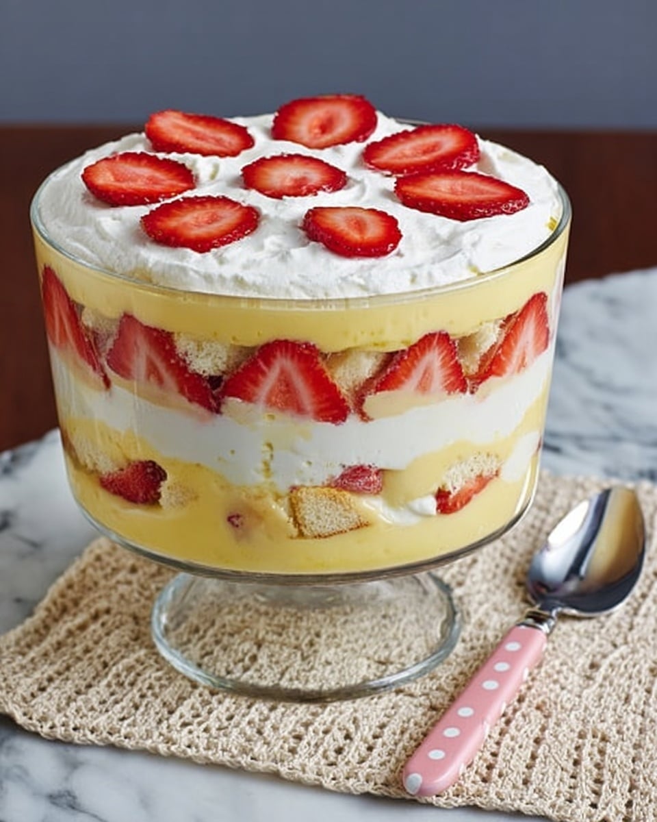 A tall, clear glass trifle bowl stands on a short pedestal, filled with seven visible layers. Starting from the bottom, there is a light brown crumbly layer, followed by a thick pale yellow creamy layer. Next, a white whipped cream layer dotted with small red strawberry pieces is visible, then another thin pale yellow creamy layer with more scattered strawberry bits and light brown sponge cake pieces. Above that, another fluffy white whipped cream layer with strawberry bits and sponge pieces is shown. The top layer is smooth pale yellow cream, garnished with neatly sliced red strawberries arranged in a circular pattern. The bowl sits on a beige crocheted doily on a wooden table, with a large silver spoon with a pink and white polka dot handle next to it. The background is a plain grey wall and the surface is edited to white marbled texture. photo taken with an iphone --ar 4:5 --v 7
