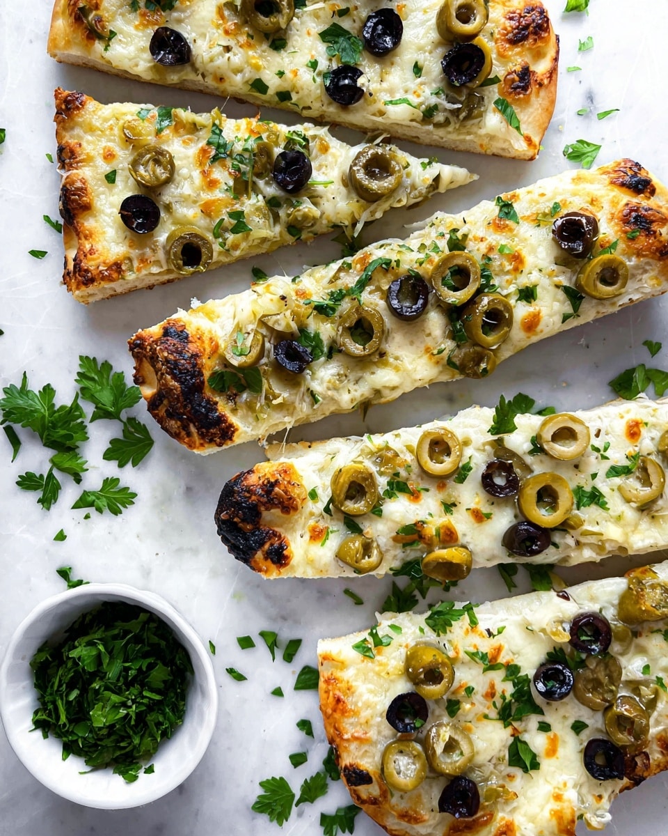 The image shows several slices of white pizza spread out on a white marbled surface, each slice topped with two layers of melted cheese creating a creamy white and golden bubbly texture, and a mix of olive slices in pale green and dark black scattered evenly across the top; bright green herb leaves are sprinkled on the pizza and on the surface around it, adding pops of fresh color. To the lower right of the image, there is a white bowl filled with chopped green herbs. The pizza crust is thin, light golden brown with slightly charred edges. photo taken with an iphone --ar 4:5 --v 7