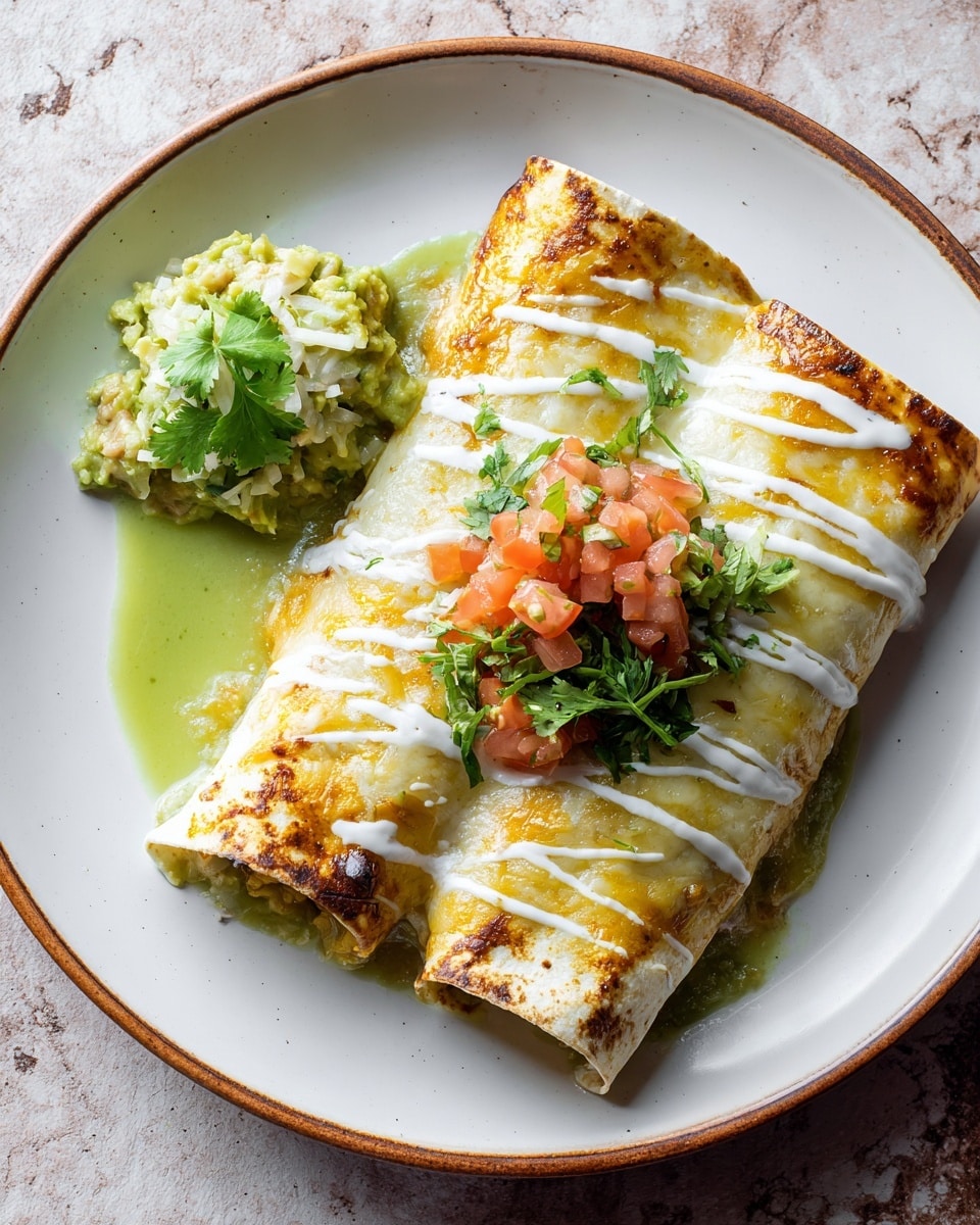 A white plate holds two rolled enchiladas covered with a golden melted cheese and green sauce layer on top. There are white sauce streaks zigzagged across the enchiladas. On top of one enchilada, there is a small pile of finely chopped fresh tomato and green herbs. Next to the enchiladas on the left side, there is a scoop of chunky light green guacamole mixed with small white onion pieces and a few whole cilantro leaves as garnish. Light green sauce is spread slightly beneath the enchiladas and guacamole. The background is a white marbled texture. photo taken with an iphone --ar 4:5 --v 7
