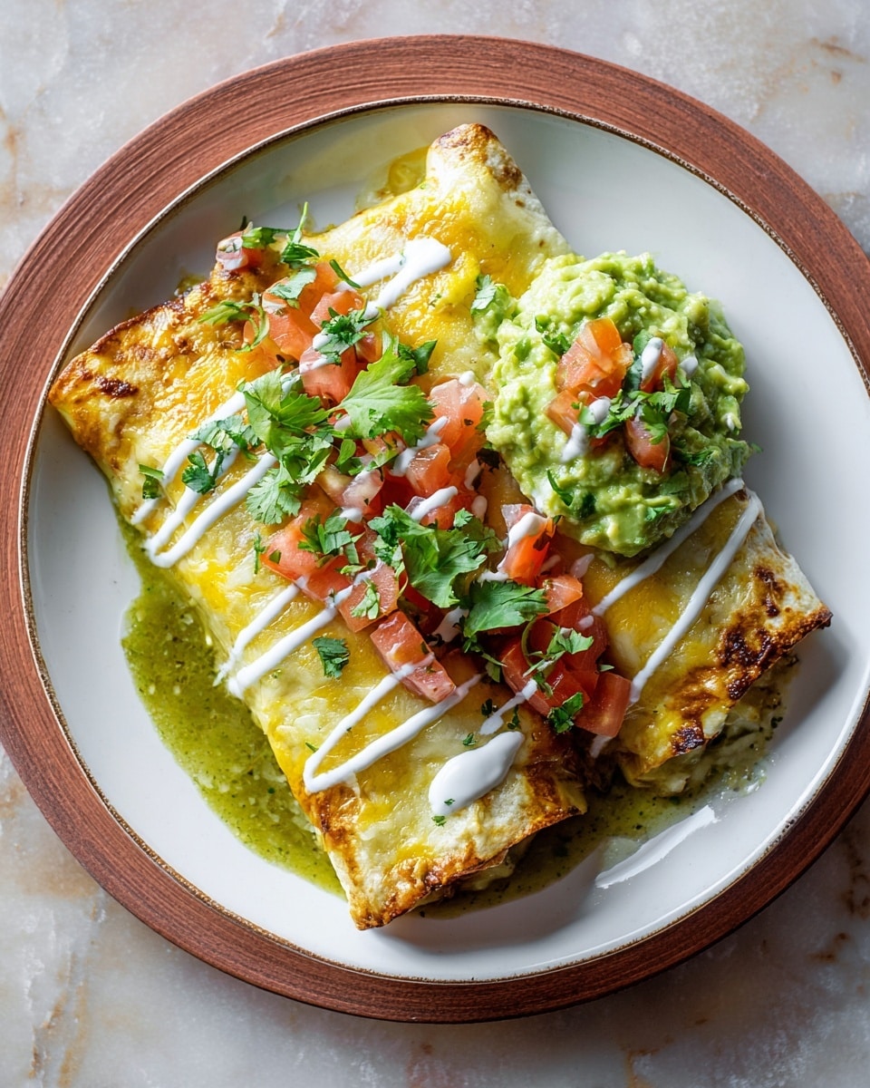 A white plate holds two enchiladas covered with a melted yellow cheese layer on top, with a green sauce underneath showing around the edges. White cream is drizzled in thick lines across the enchiladas, topped with chopped bright red tomatoes and green cilantro leaves. On the side, there is a light green scoop of chunky guacamole with diced tomatoes mixed in, garnished with fresh cilantro leaves. The plate rests on a white marbled surface. photo taken with an iphone --ar 4:5 --v 7
