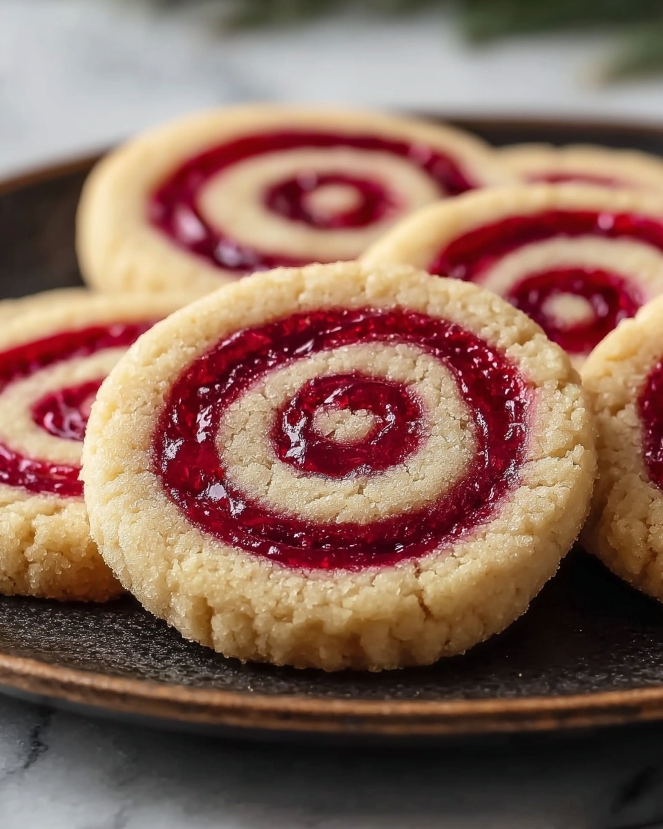 The image shows round cookies with two layers arranged side by side on a dark plate. The base layer is light golden with a crumbly texture, forming the cookie body with a slightly ridged edge. On top, there is a smooth, shiny bright red swirl filling that forms a spiral pattern starting from the center and expanding outward nearly to the edge. The contrast between the pale cookie dough and the vibrant red swirl is clear, making the spiral design stand out on each cookie. The plate and cookies rest on a white marbled surface. photo taken with an iphone --ar 4:5 --v 7