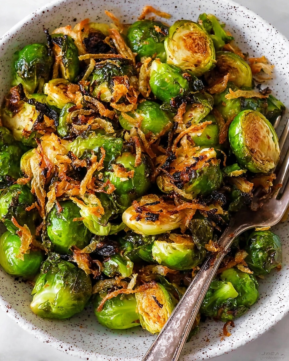 A close-up of a white speckled bowl filled with roasted Brussels sprouts, each cut in half showing bright green and golden brown edges with some crispy charred spots. Scattered thin pieces of golden, crispy fried onions cover the sprouts, adding texture and color contrast. The sprouts have a shiny, slightly oily surface which gives them a fresh roasted look. A metal fork with a rustic finish is placed on the right side inside the bowl. The bowl sits on a white marbled surface. photo taken with an iphone --ar 4:5 --v 7