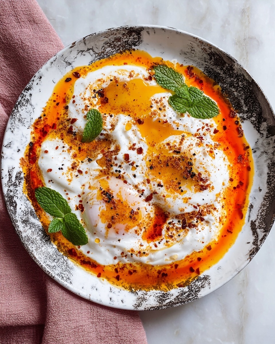 The dish is served in a round white plate with a black and gray marbled pattern, placed on a white marbled surface next to a folded pink cloth. It consists of three poached eggs as the main layer, with soft, white, slightly wrinkled egg whites and bright yellow runny yolks peeking through. Surrounding and partially covering the eggs is a creamy layer of thick white yogurt sauce with a smooth texture. Drizzled over the top is a vibrant orange-red chili oil, swirling and pooling around the yogurt and eggs, speckled with crushed red pepper flakes and black pepper for added texture. Two fresh mint leaves add a pop of green near the upper left and lower right of the center. The whole presentation has a warm, rich, and inviting look. photo taken with an iphone --ar 4:5 --v 7