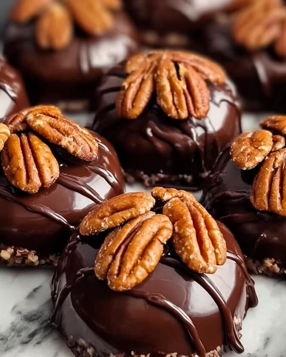 The image shows a close-up of several round chocolate candies arranged on a tray. Each candy has a smooth, shiny dark chocolate base with a raised dome shape, topped with a drizzle of darker chocolate lines. On top of each candy, there are two or three whole pecan halves, light brown and textured with ridges, placed in a neat cluster. The surface beneath the candies is a white marbled texture. The overall look is rich and glossy, with the dark chocolate contrasting nicely with the lighter pecan nuts. photo taken with an iphone --ar 4:5 --v 7