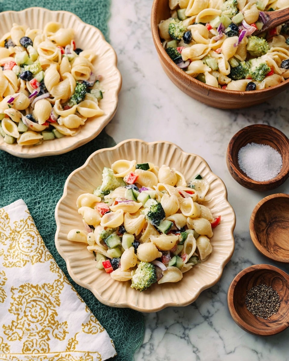 A large wooden bowl filled with a creamy pasta salad made of pale yellow shell pasta, green broccoli florets, small black olive slices, diced red bell peppers, pale green celery pieces, and tiny bits of red onion all mixed together, creating a colorful and textured dish with layers of pasta and fresh vegetables evenly spread. The bowl sits on a white marbled surface with a folded white cloth featuring a light yellow geometric pattern beside it, topped with a silver spoon. In the background, there are two small wooden bowls, one with salt and the other with pepper, and a white plate stack. Photo taken with an iphone --ar 4:5 --v 7