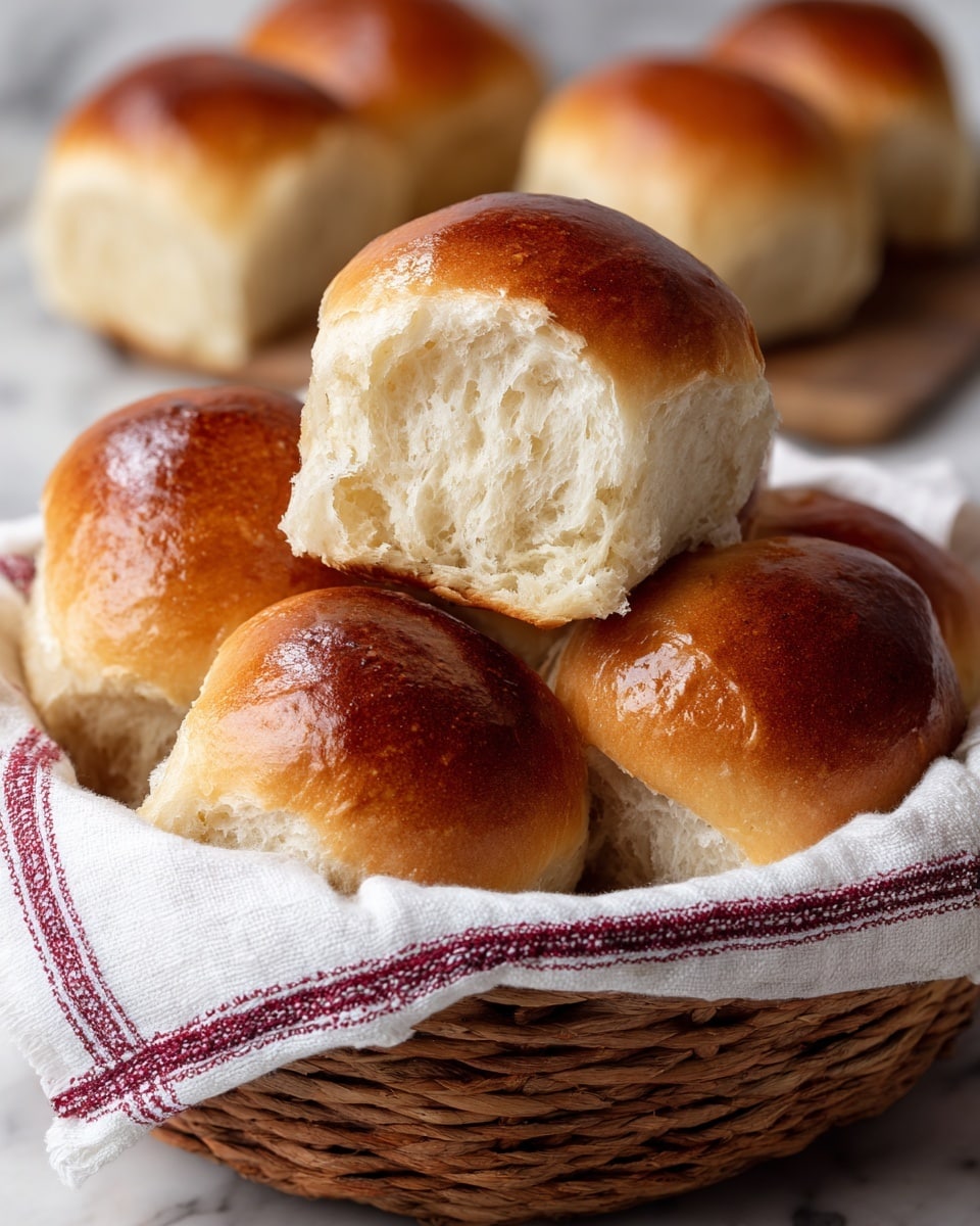 A close-up view of several soft bread rolls with a shiny golden-brown top and fluffy, light beige inside. The rolls are stacked inside a round woven basket lined with a white cloth featuring dark red stripes. The basket is placed on a white marbled surface with more rolls blurred in the background. The texture of the bread is airy and tender, showing delicate layers inside the torn part of the front roll. photo taken with an iphone --ar 4:5 --v 7