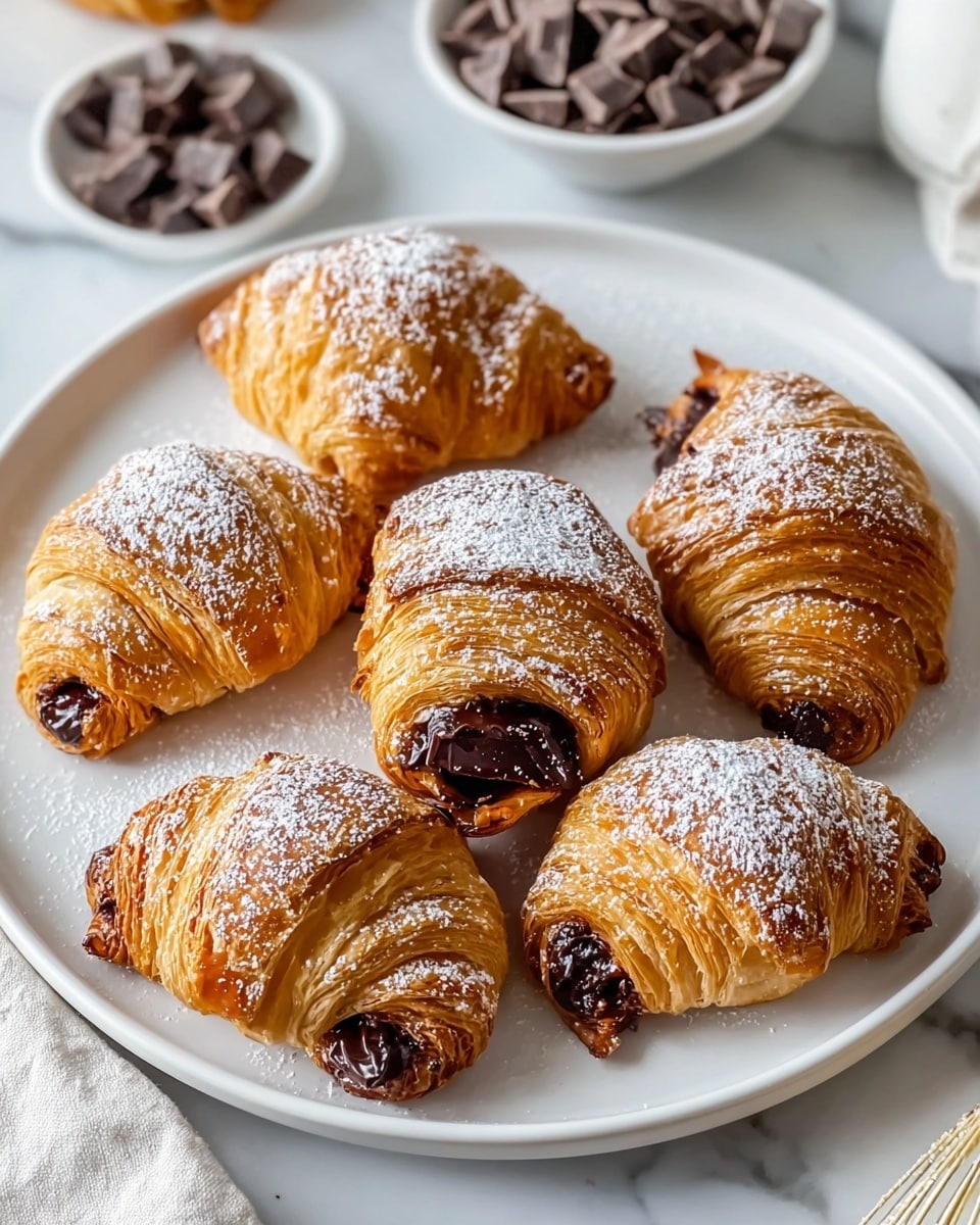 Seven small chocolate croissants are arranged on a white round plate, each showing multiple crispy golden brown flaky layers, with thick dark melted chocolate visible at the open ends. Some croissants are dusted lightly with white powdered sugar, adding a soft contrast to the shiny flaky surfaces. The plate sits on a white marbled texture surface, and a small white bowl filled with chopped dark chocolate pieces is placed nearby in the background. A light cream cloth and a whisk brush are also partially visible near the plate. photo taken with an iphone --ar 4:5 --v 7