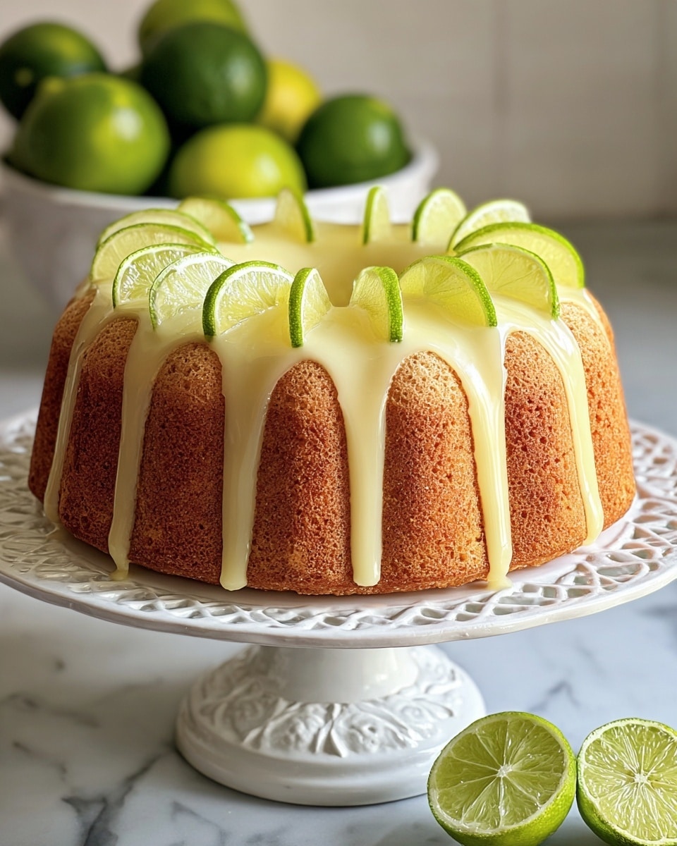 A single-layer bundt cake with a golden-brown texture sits on a white intricate cake stand. The cake is topped with a smooth, pale yellow glaze that drips down the sides in thick streams. Around the top edge, evenly spaced thin slices of lime stand upright, showing their bright green rinds and pale green interior. The background features a white marbled texture with a bowl filled with whole limes slightly blurred behind the cake, and two lime halves placed to the right. photo taken with an iphone --ar 4:5 --v 7