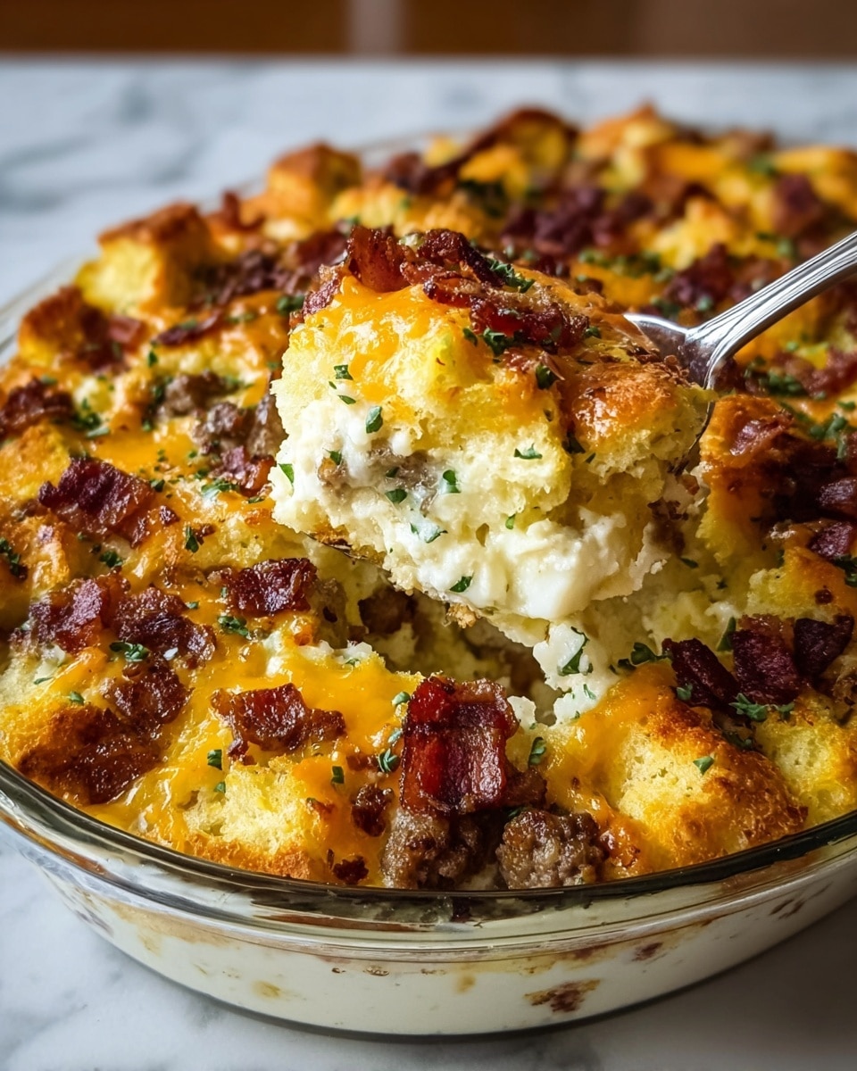 The image shows a baked dish in a gray baking pan filled with a thick, creamy base layer that looks light yellow with a soft texture. On top, there are several browned sausage pieces that appear crispy and crumbly, mixed with bright orange melted cheese that stretches as a square piece is being lifted by a spatula. Small bits of reddish bacon are scattered on top, adding texture and color contrast, while sprinklings of green herbs are visible across the surface. The background features a white marbled texture. photo taken with an iphone --ar 4:5 --v 7
