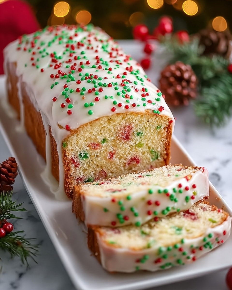 The image shows a loaf cake sliced on a long white rectangular plate on a white marbled texture. The cake has one thick layer of soft, light beige sponge with small red and green bits mixed inside. It is topped with a smooth white icing layer that drips slightly down the sides. On top of the icing, small round red and green sprinkles are scattered evenly. The background has blurred warm yellow string lights and some red Christmas decorations with pine cones and green pine branches around the plate. Photo taken with an iphone --ar 4:5 --v 7