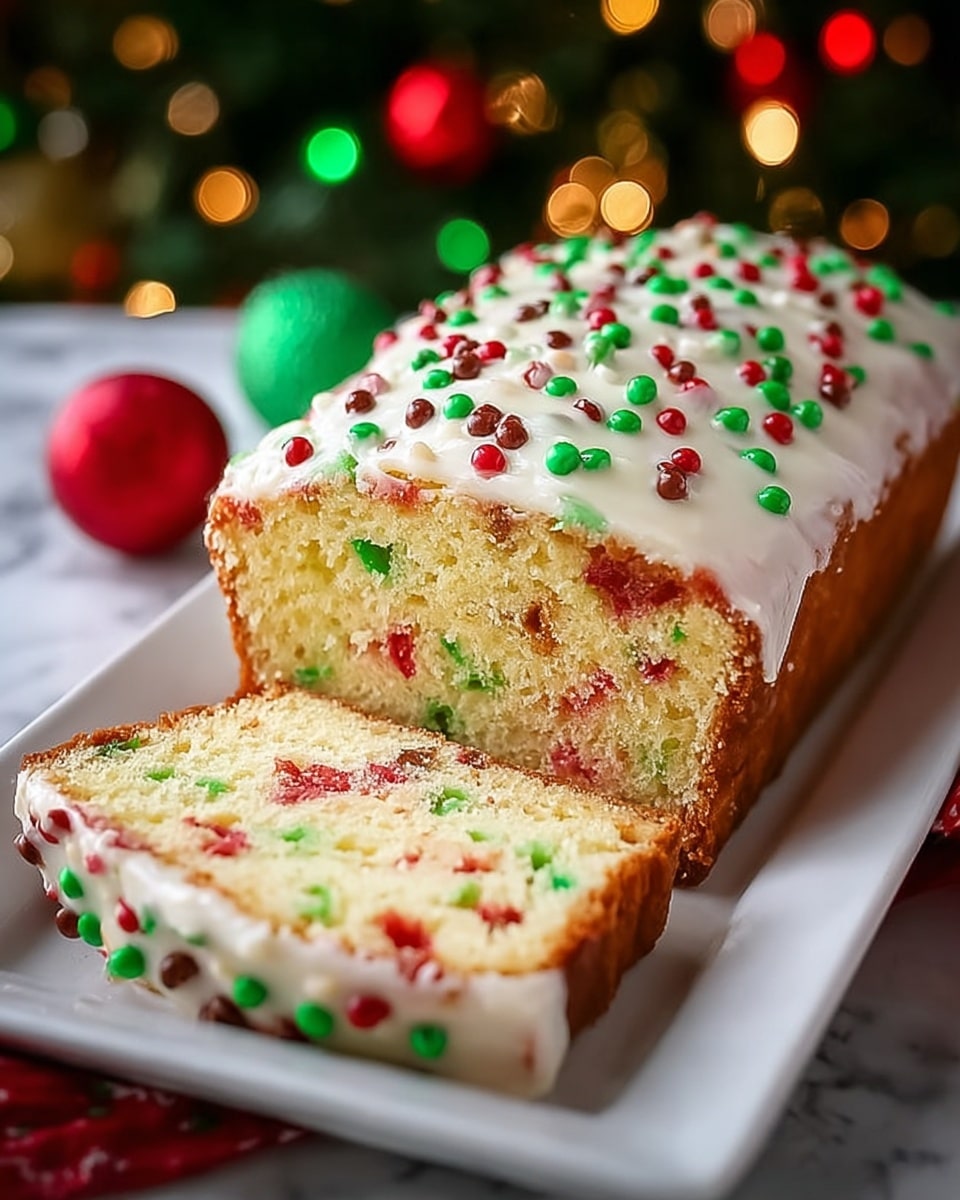 A sliced loaf cake sits on a white rectangular plate against a white marbled surface, with a festive background of blurred green, red, and gold lights and decorations. The cake has one layer of soft, light yellow crumb, speckled with red and green bits inside. On top, there is one thick, smooth white icing layer that covers the entire surface, sprinkled with small red, green, and brown round candy bits. The front slice is partially pulled out to show the inside colors and textures clearly. Photo taken with an iphone --ar 4:5 --v 7