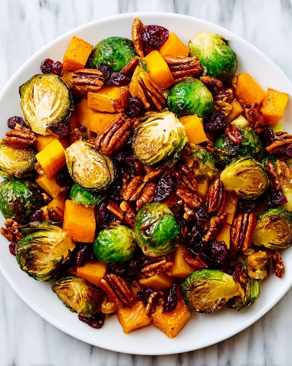 A white round plate filled with a mixture of roasted Brussels sprouts, cubed butternut squash, pecans, and dried cranberries. The Brussels sprouts are halved, showing a light charred texture on their outer leaves, with bright green and brown shades. The butternut squash pieces are orange, soft looking, and slightly caramelized. The pecans are whole and toasted, with a deep brown, slightly glossy appearance. The dried cranberries add small pops of dark red color scattered evenly across the plate. The plate sits on a white marbled surface. photo taken with an iphone --ar 4:5 --v 7