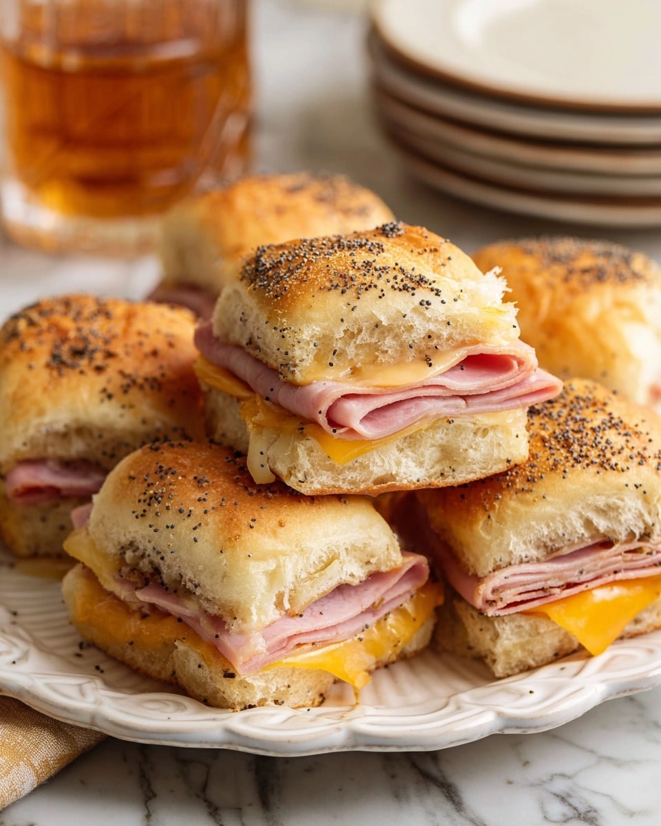 A close-up view of five small sandwiches stacked on a white plate with a scalloped edge, each sandwich made of soft, golden-brown bread rolls sprinkled with poppy seeds on top. Each sandwich has two layers inside: thin slices of pink ham in the middle and melted cheese, with one layer of bright yellow cheddar cheese beneath the ham and another layer of pale, creamy cheese above it, visible at the edges. The sandwiches have a soft, fluffy texture, and the melted cheese slightly oozes out, creating a warm and inviting look. The plate sits on a white marbled surface, and there is a blurry glass of amber liquid and a stack of white plates in the background. photo taken with an iphone --ar 4:5 --v 7