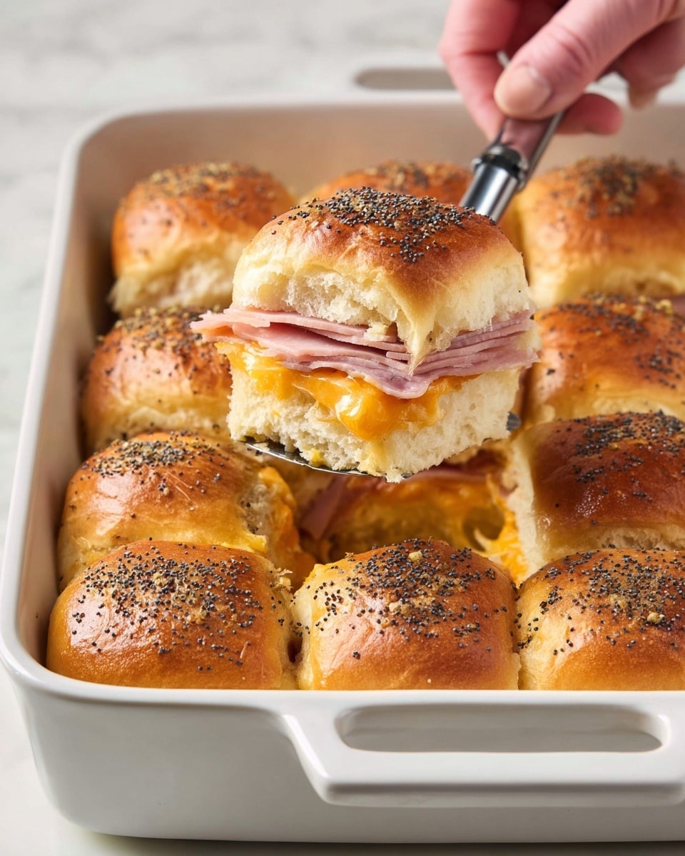 A white baking dish holds nine small sandwiches arranged in a 3x3 grid, each with soft, golden-brown slider buns topped with black poppy seeds. One sandwich is lifted by a metal spatula held by a woman's hand, showing layers inside—the top bun with poppy seeds, melted light yellow cheese, thin slices of pink ham, a layer of melted orange cheddar cheese, and the soft bottom bun. The buns have a slightly shiny, smooth texture, contrasting with the gooey, melted cheese and folded ham inside. The dish sits on a clean white marbled surface. photo taken with an iphone --ar 4:5 --v 7