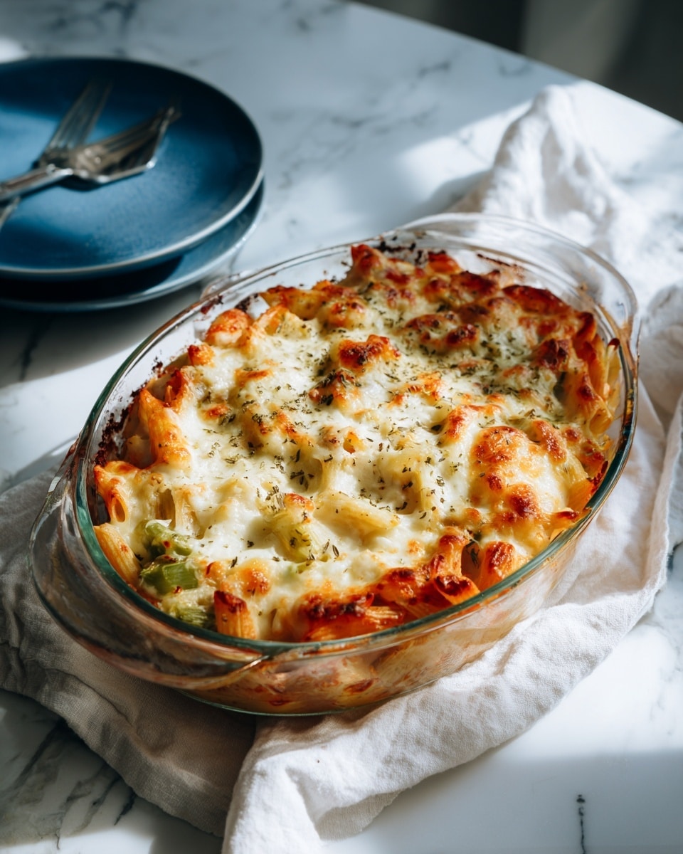 The image shows a baked pasta dish in a clear oval glass baking dish. The bottom layer consists of pasta mixed with bits of green vegetables and tomato sauce, visible through melted cheese on top. The top layer is a thick, golden melted cheese with some browned spots and a sprinkle of dried herbs. The dish sits on a white cloth on a white marbled surface. There is a glimpse of a white woman’s hand holding a fork near a blue plate to the side, and the photo has natural lighting with a soft shadow. photo taken with an iphone --ar 4:5 --v 7