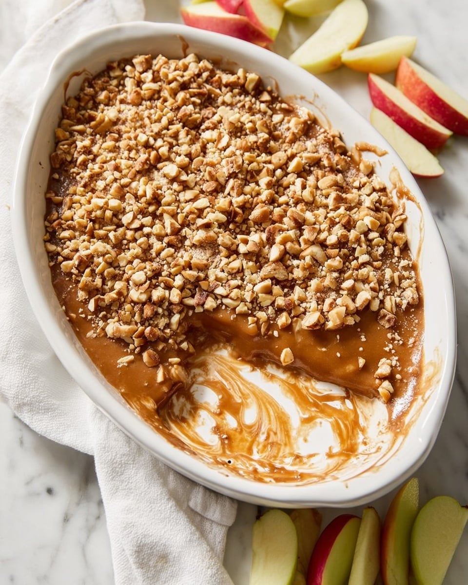 A white oval dish filled with a layered dessert, showing a smooth caramel-like brown layer topped with a thick, even coat of chopped light brown nuts, creating a crunchy texture. In one corner, a part of the topping is disturbed revealing a creamy white layer underneath swirled slightly with caramel color. The dish is placed on a white marbled surface with sliced apples around it, their red and green skin adding a fresh color contrast. A white cloth napkin is partly under the dish. Photo taken with an iphone --ar 4:5 --v 7