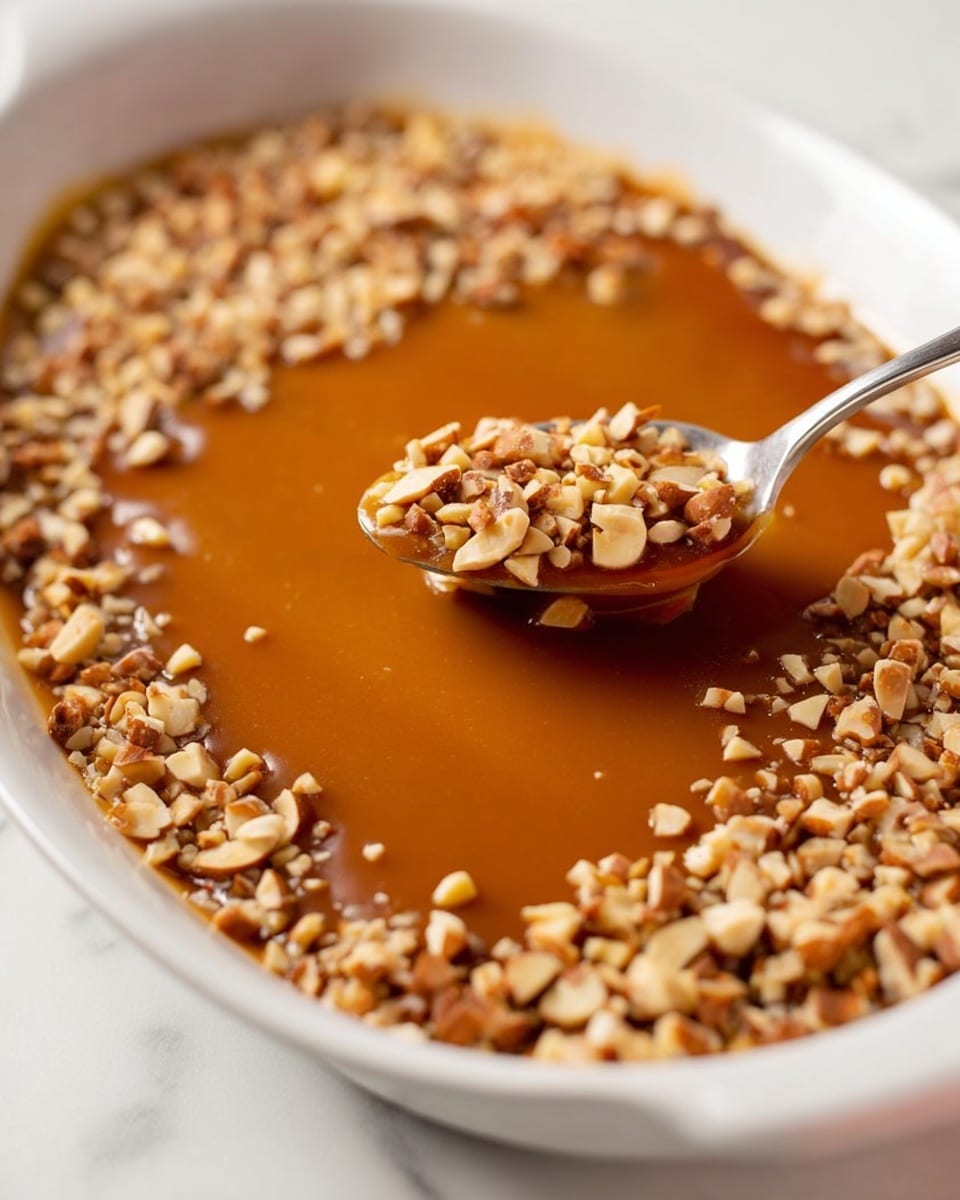 A close-up view of a dish with one main layer of smooth, glossy caramel in a rich golden brown color, evenly spread in a white oval bowl. The caramel is topped with a generous layer of small, chopped nuts that vary in light beige and tan shades, giving a crunchy texture contrast. A woman's hand holding a spoon is seen in the upper right corner, slightly blurred, as it scoops into the caramel, lifting some nuts and caramel with it. The bowl is placed on a white marbled texture surface, creating a clean and bright background. photo taken with an iphone --ar 4:5 --v 7