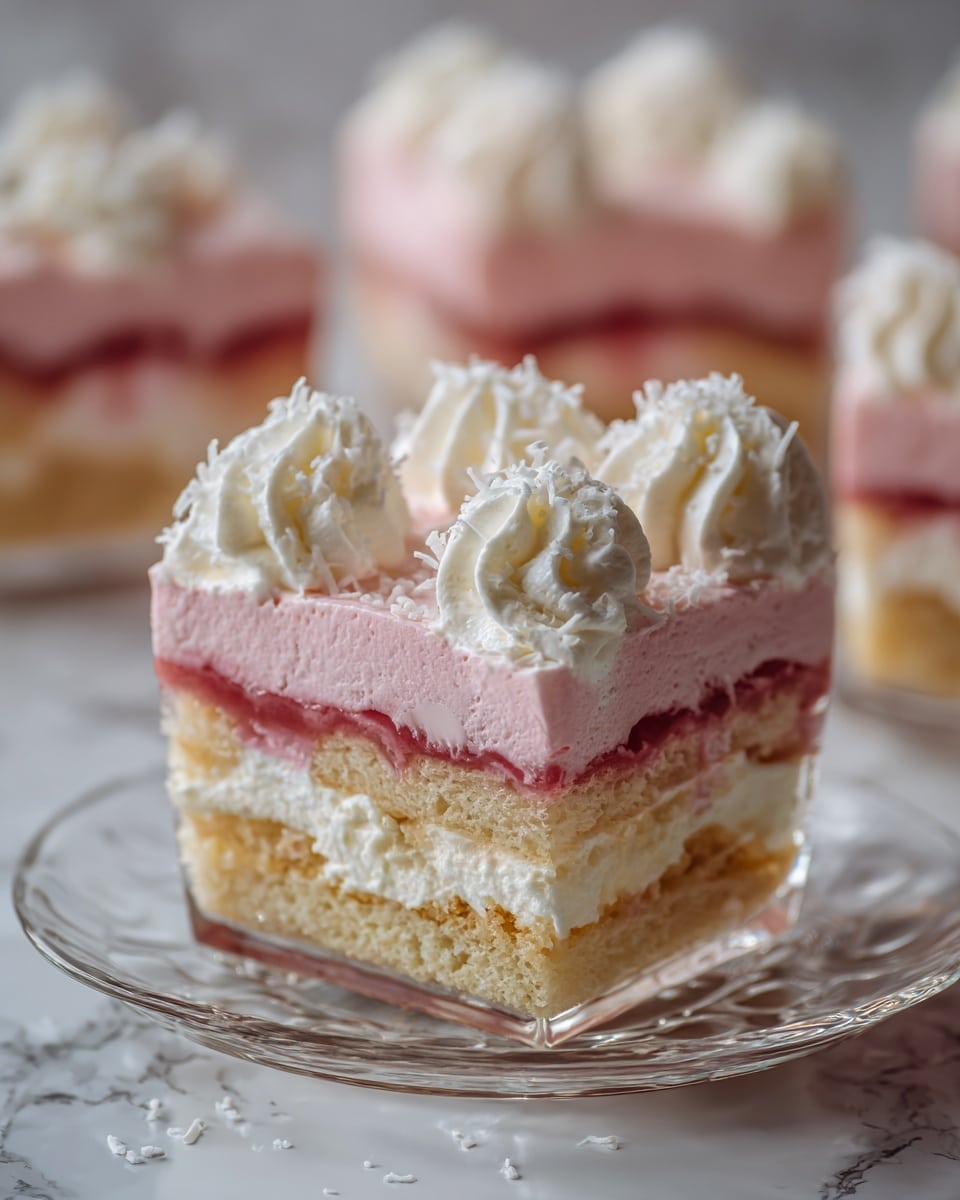 The image shows a square slice of a pink layered dessert on a white plate, placed on a white marbled surface. The dessert has three visible layers: the bottom layer is a light brown sponge cake; above it is a thick layer of creamy, smooth pink mousse; the middle layer is another piece of sponge cake slightly soaked with a red syrup; the top layer is a thick, fluffy pink mousse covered with fine white crumbs, creating a textured look. A fresh raspberry sits next to the dessert on the plate, adding a bright red contrast. Photo taken with an iphone --ar 4:5 --v 7