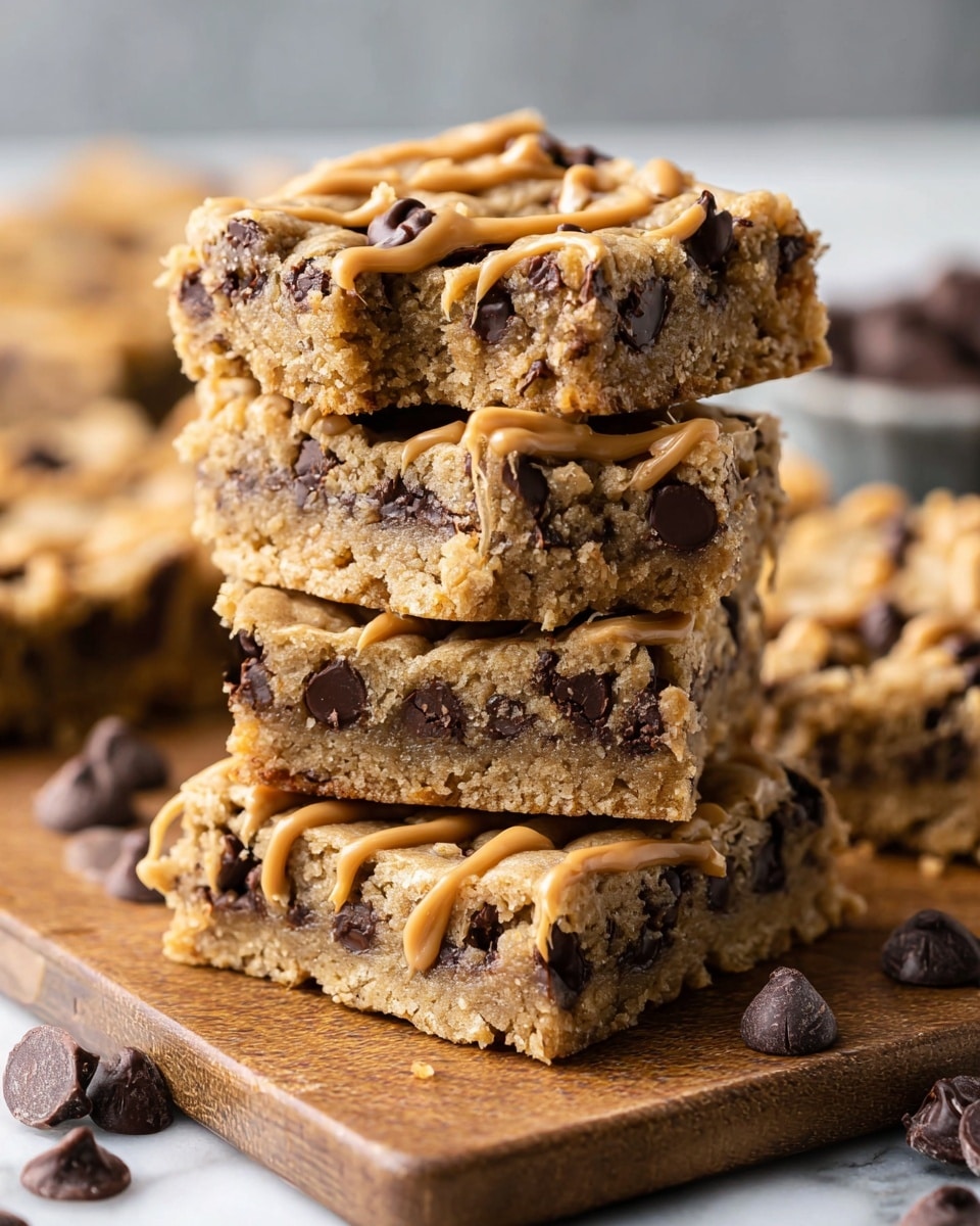 A close-up of a stack of four chocolate chip cookie bars on a square wooden board, each bar showing a thick, golden-brown base with a dense layer filled with dark chocolate chips and drizzled with creamy peanut butter on top, the texture crumbly and soft with chocolate chips embedded throughout. Around the bars, several dark chocolate chips are scattered on a white marbled surface in the background, creating a warm and inviting look. Photo taken with an iphone --ar 4:5 --v 7