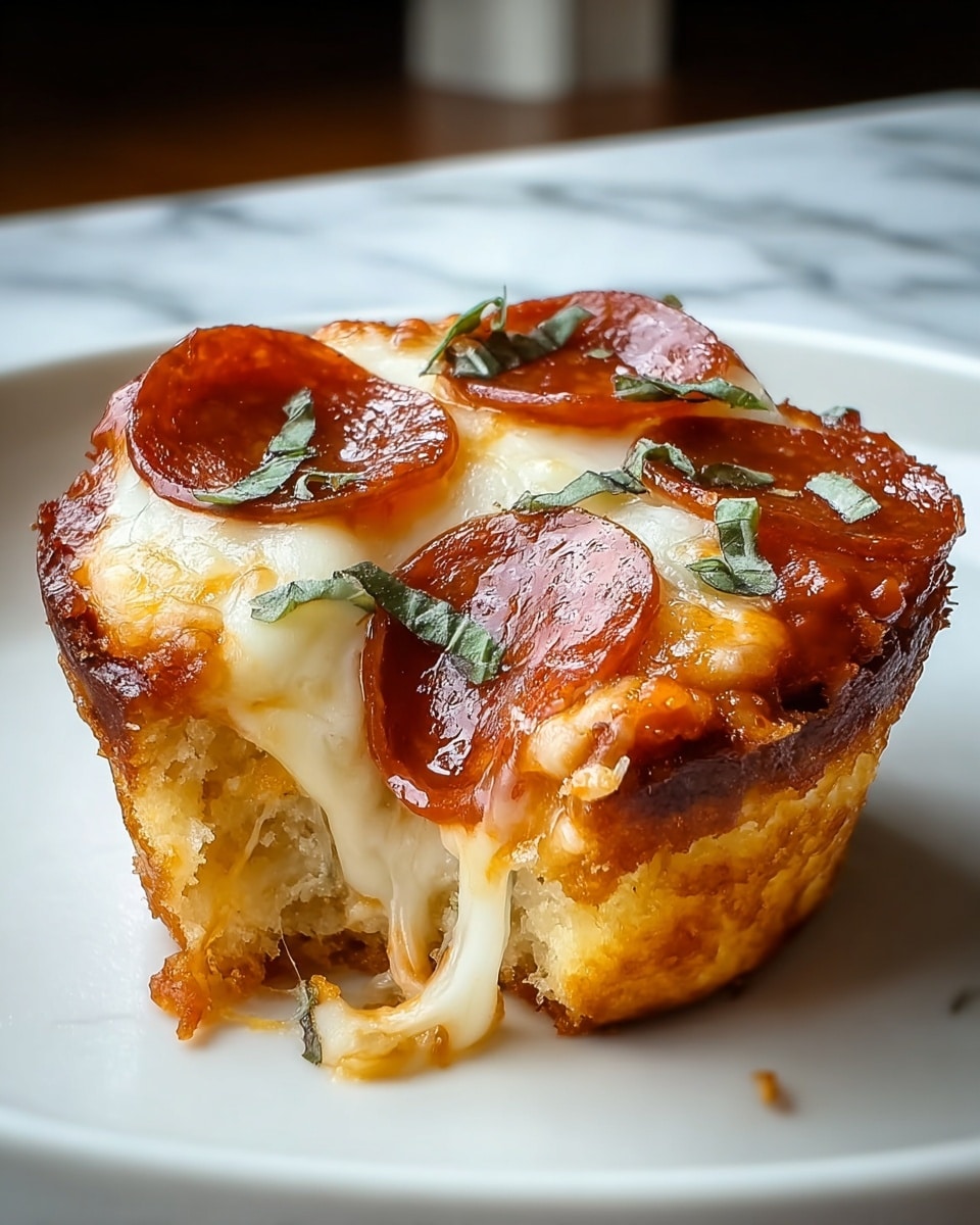 A small, round pizza cupcake sits on a white plate with a white marbled texture beneath. It has three main layers: the bottom layer is thick, golden-brown bread crust with a soft inside visible where a bite is taken. Above the crust is a rich, glossy red tomato sauce layer, holding melted mozzarella cheese that stretches slightly down the side in gooey strands. On top, there are three shiny pepperoni slices browned at the edges, with scattered small green basil leaves adding color contrast. The pizza cupcake has a slightly crispy, puffed edge and a warm, inviting look. Photo taken with an iphone --ar 4:5 --v 7