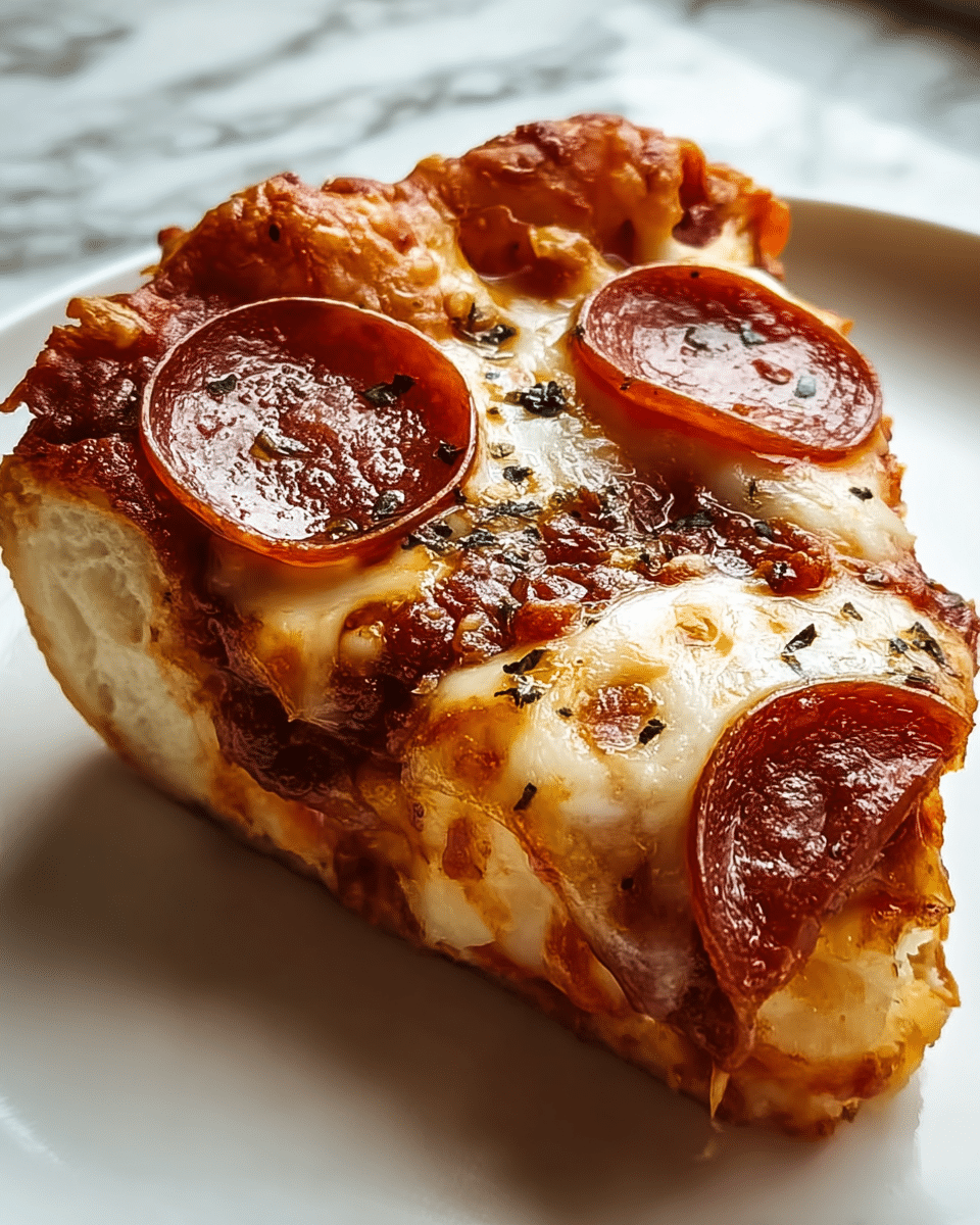 A close-up view of one slice of pepperoni pizza on a white plate with a white marbled surface background. The slice shows three layers: the bottom layer is a thick, golden, and fluffy bread crust with a slightly browned edge, the middle layer is rich, dark red tomato sauce, and the top layer is melted, bubbly mozzarella cheese with small brown spots, scattered black herbs, and three round, slightly curled pepperoni slices. The textures highlight the gooey cheese melting over the crust edges and the shiny, oily surface of the pepperoni. Photo taken with an iphone --ar 4:5 --v 7