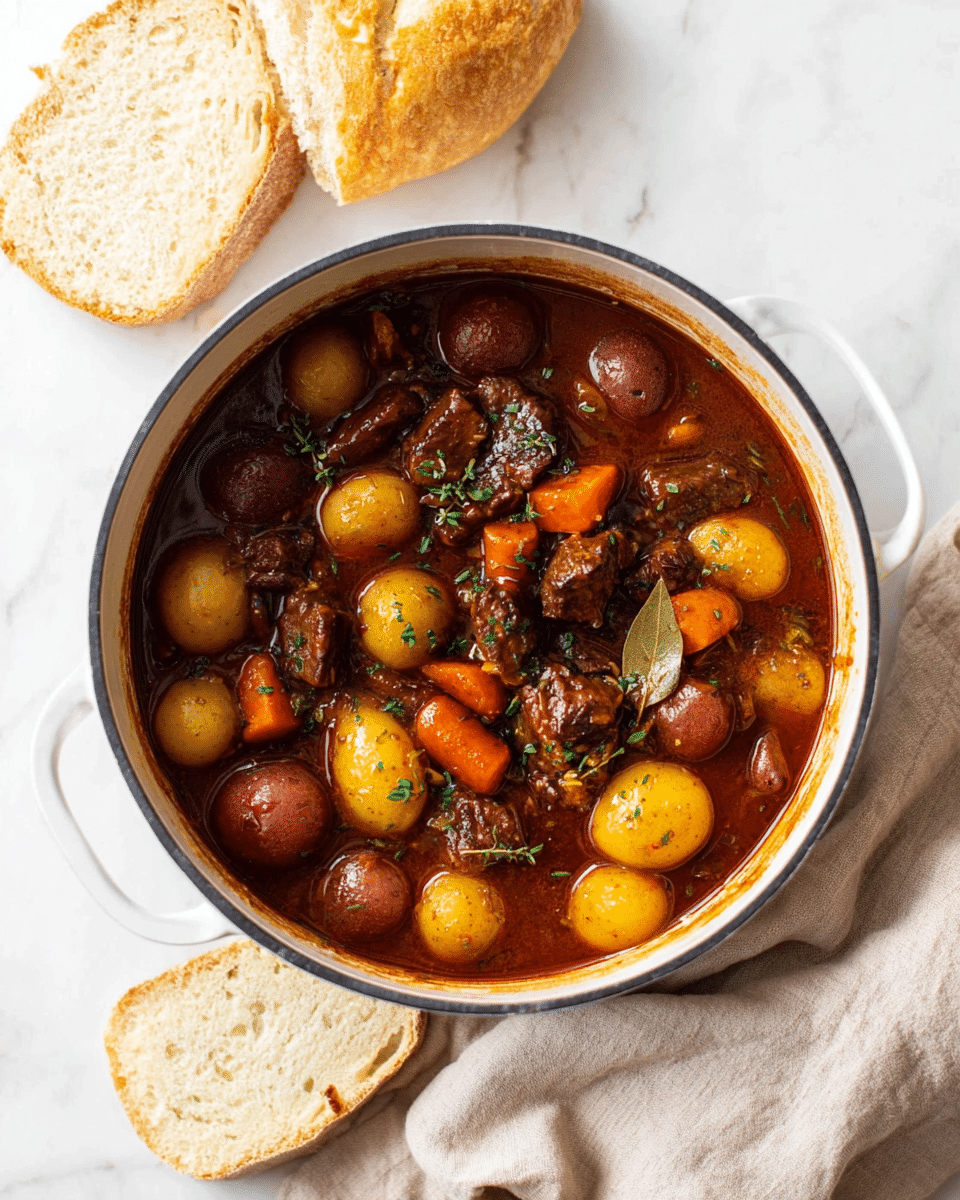 The image shows a white round pot filled with a rich brown stew. The stew has several whole small potatoes in yellow, red, and brown colors scattered around. Chunks of dark brown cooked meat and carrot pieces in bright orange add more color and texture. There are also some whole mushrooms and a visible bay leaf in the mix. The stew looks thick and hearty with finely chopped green herbs sprinkled on top. Two slices of white bread rest near the pot on a white marbled surface, and a soft beige cloth is partially under the pot. photo taken with an iphone --ar 4:5 --v 7