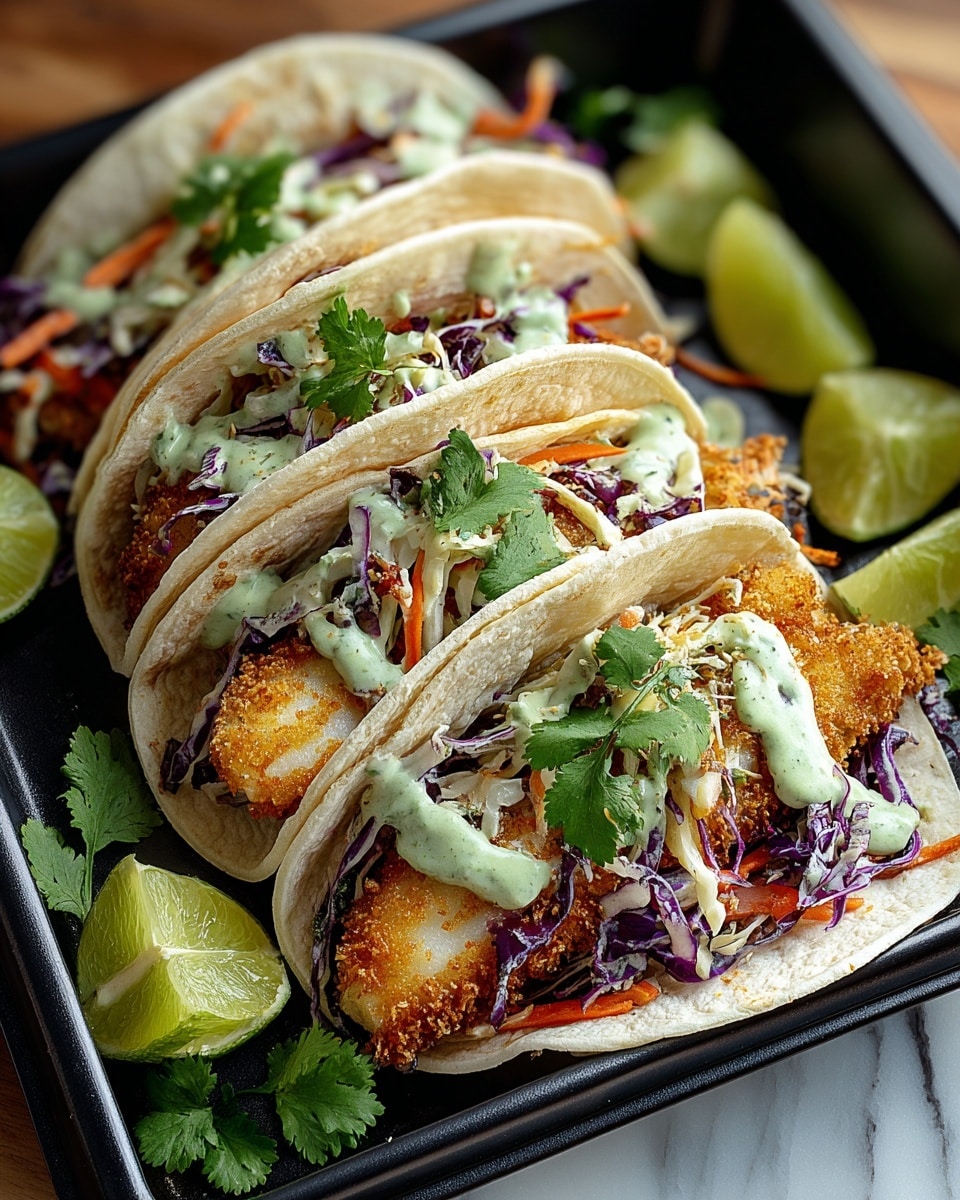 Four soft white tortillas each hold a thick, golden-brown fried fish fillet with a crispy texture, topped with a mix of shredded purple and white cabbage, thin orange carrot strips, and fresh green cilantro leaves. A creamy light green sauce is drizzled over the vegetables. The tacos are placed in a black tray, garnished with two lime halves and scattered fresh herbs, all set on a white marbled surface. Photo taken with an iphone --ar 4:5 --v 7